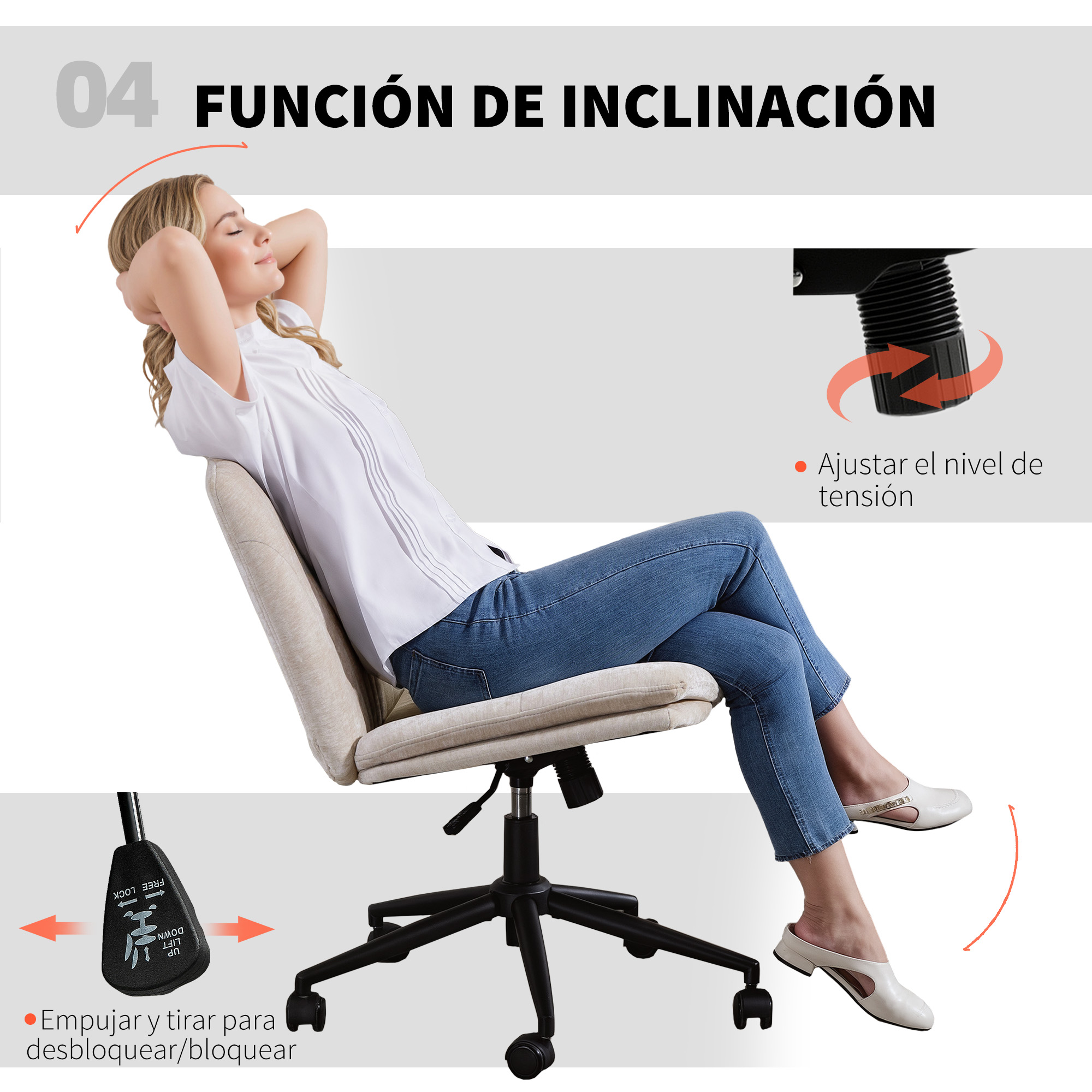 Mujer reclinada en silla de oficina, palanca de bloqueo/desbloqueo mostrada.