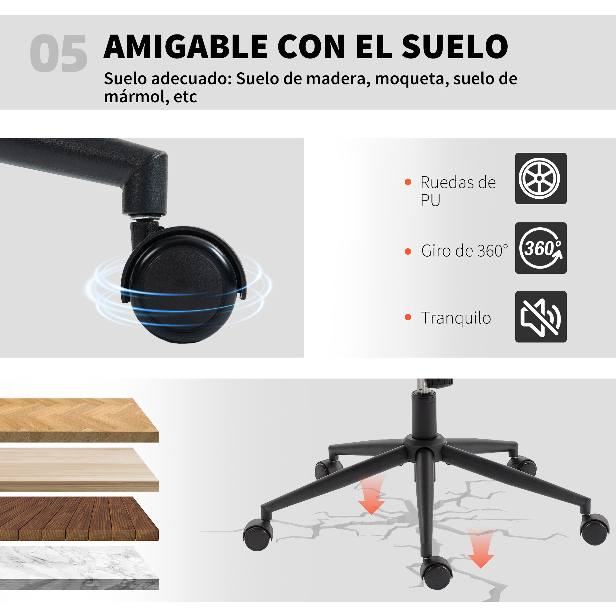 Ruedas de silla de oficina en varios suelos: madera, moqueta, mármol. Rotación 360°.