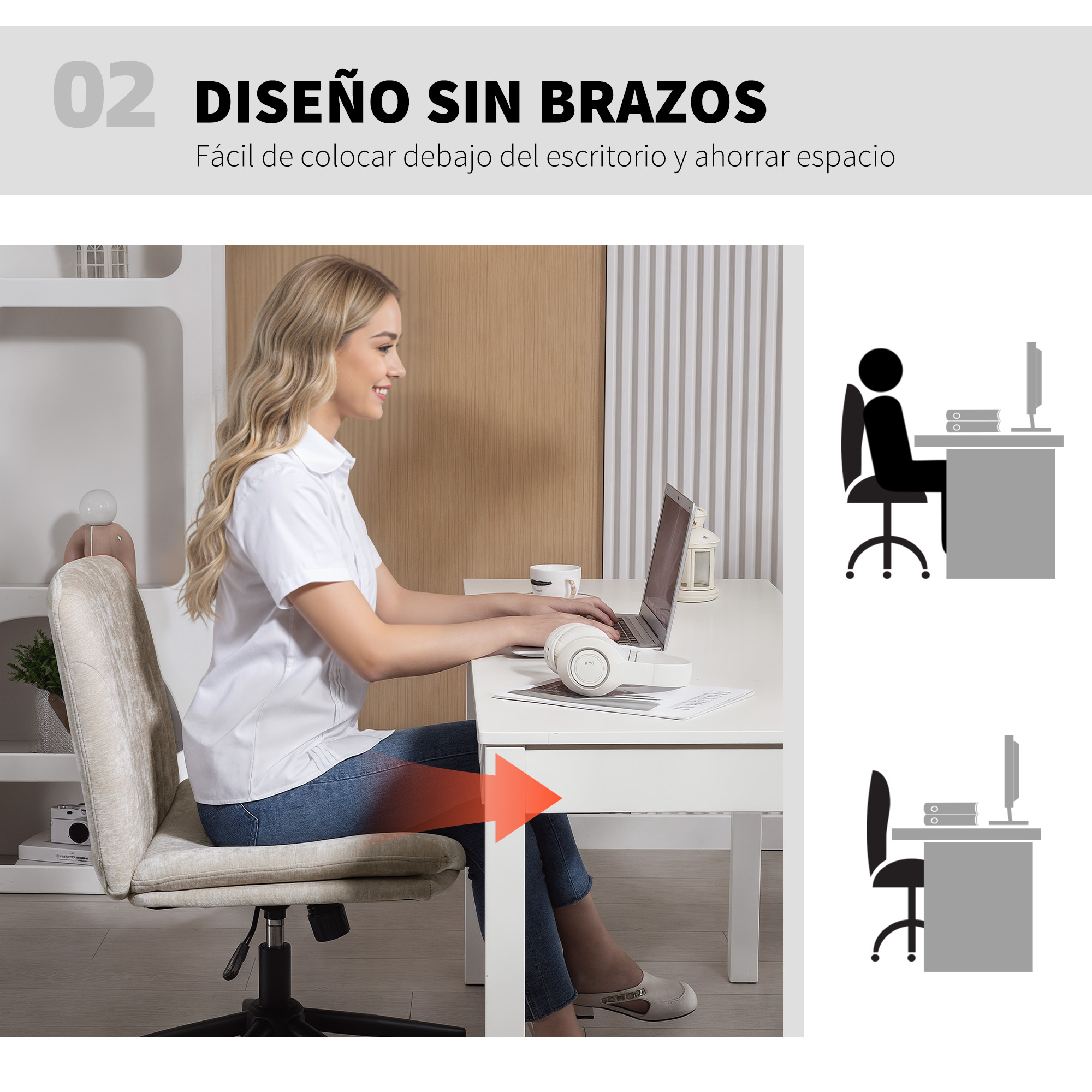 Mujer sentada en escritorio, sin reposabrazos para guardar bajo el escritorio.