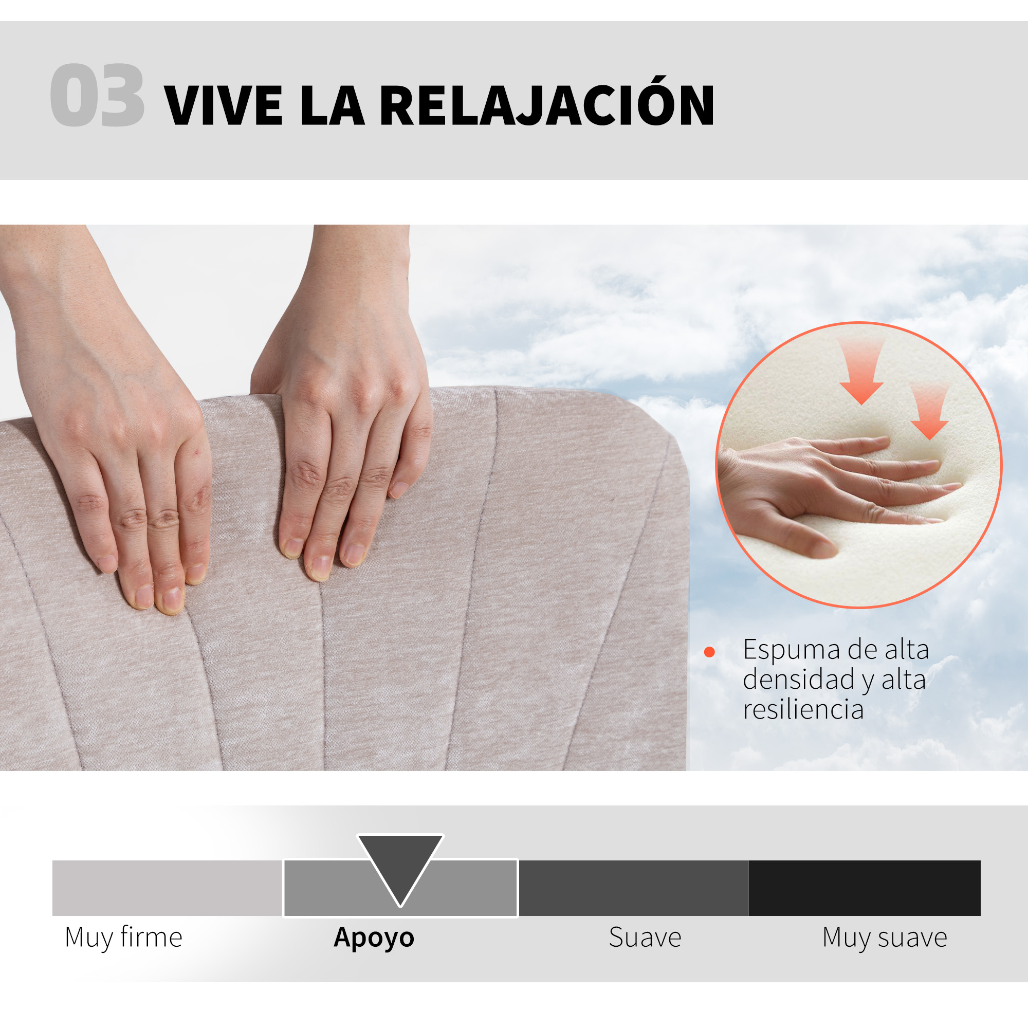 Manos presionando tela acolchada. Se muestra espuma con flechas.