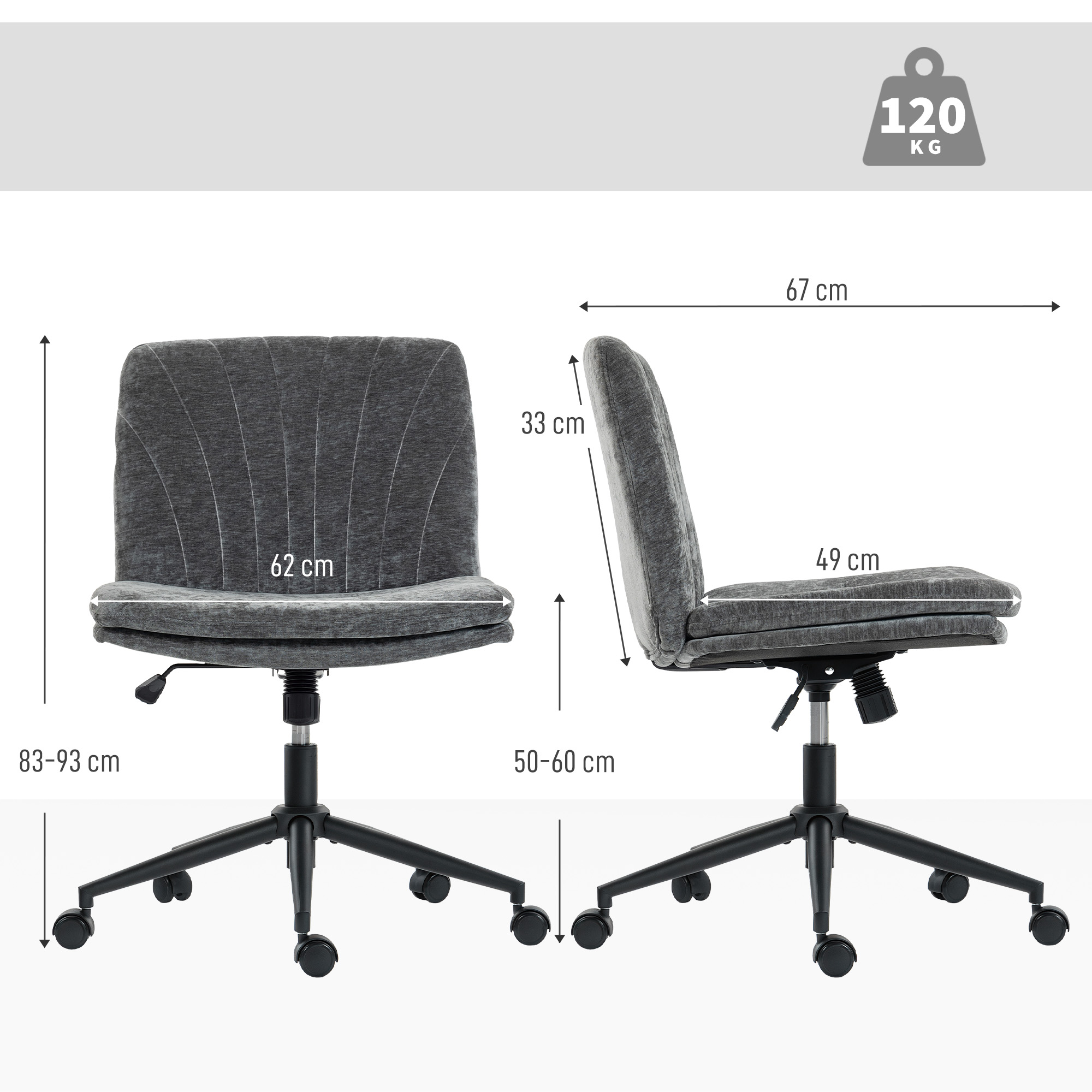 Silla de oficina gris con ruedas, se muestran las dimensiones.
