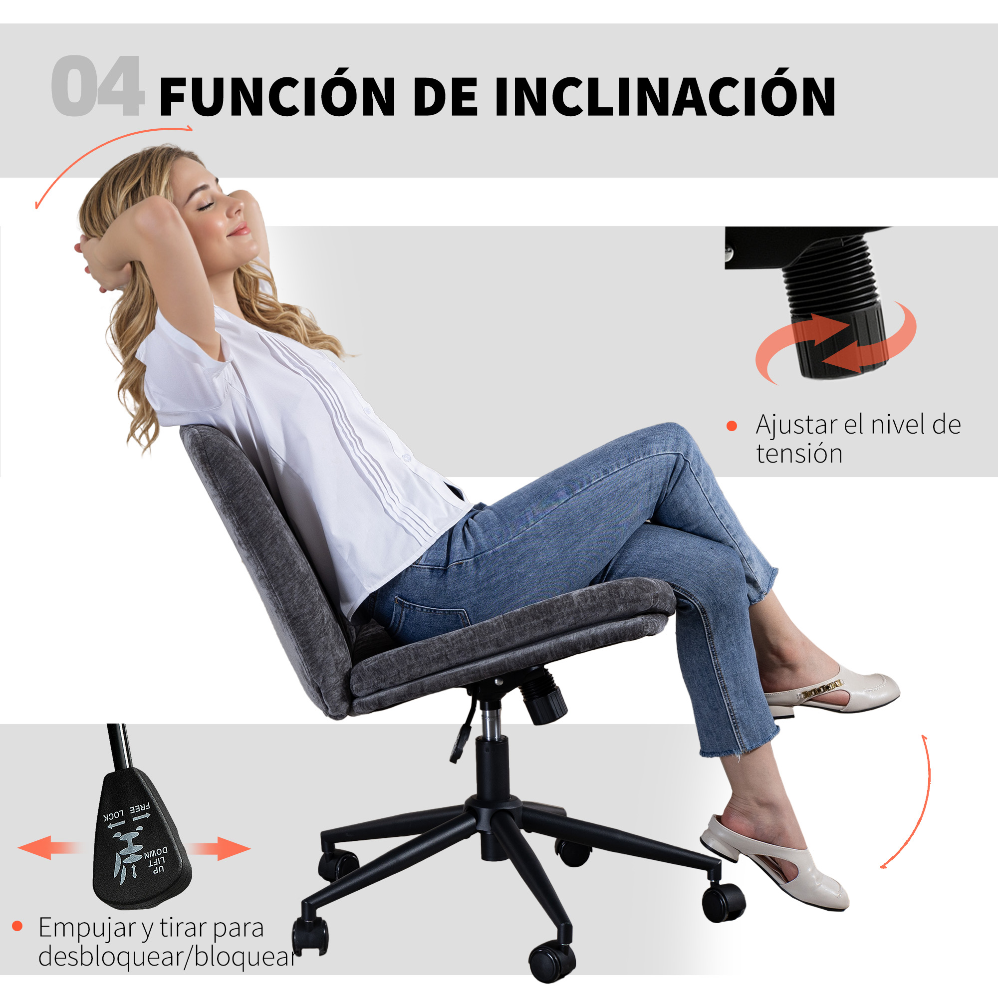 Mujer recostada en silla de oficina gris, mostrando función de inclinación.