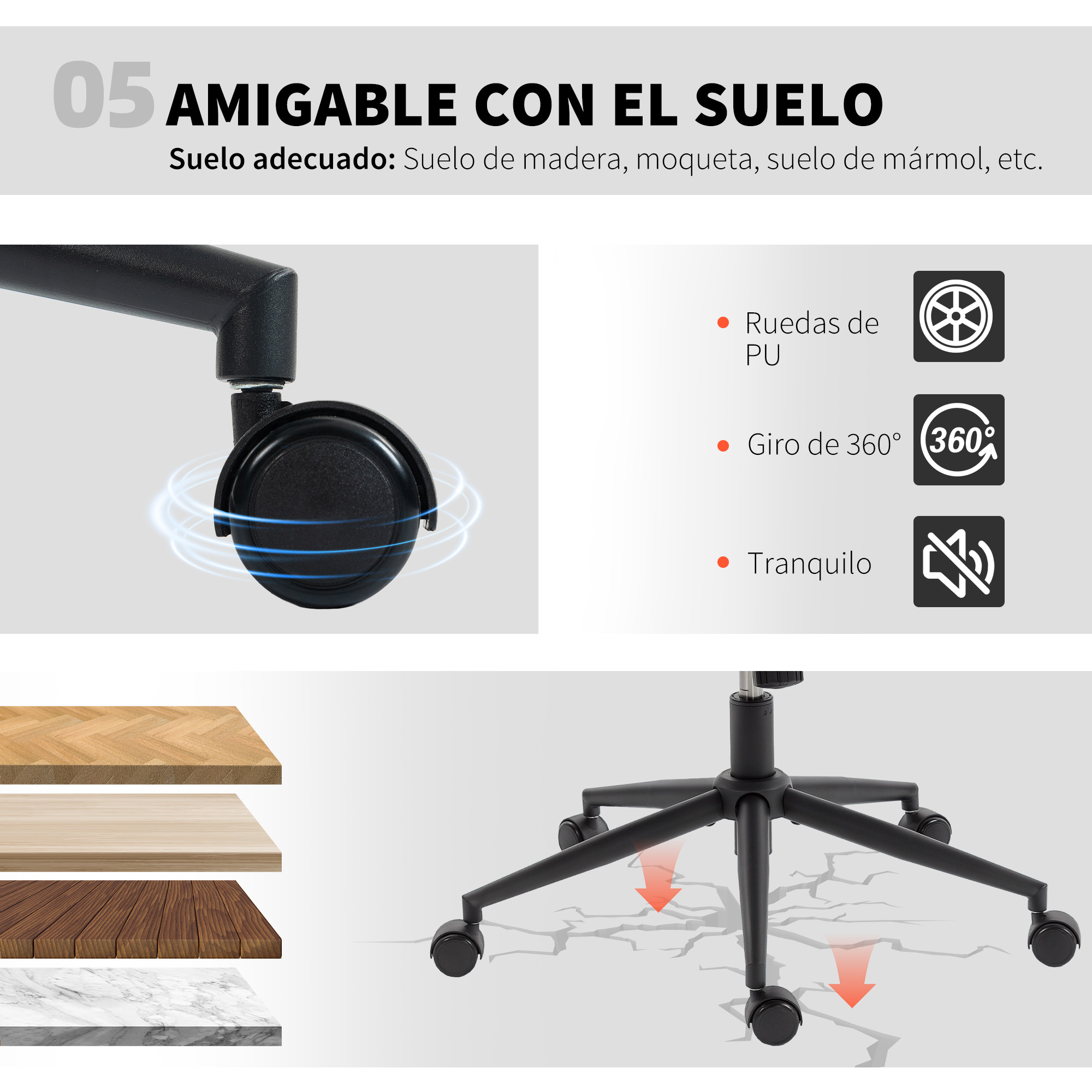 Ruedas de silla de oficina para suelos de madera, moqueta, mármol.
