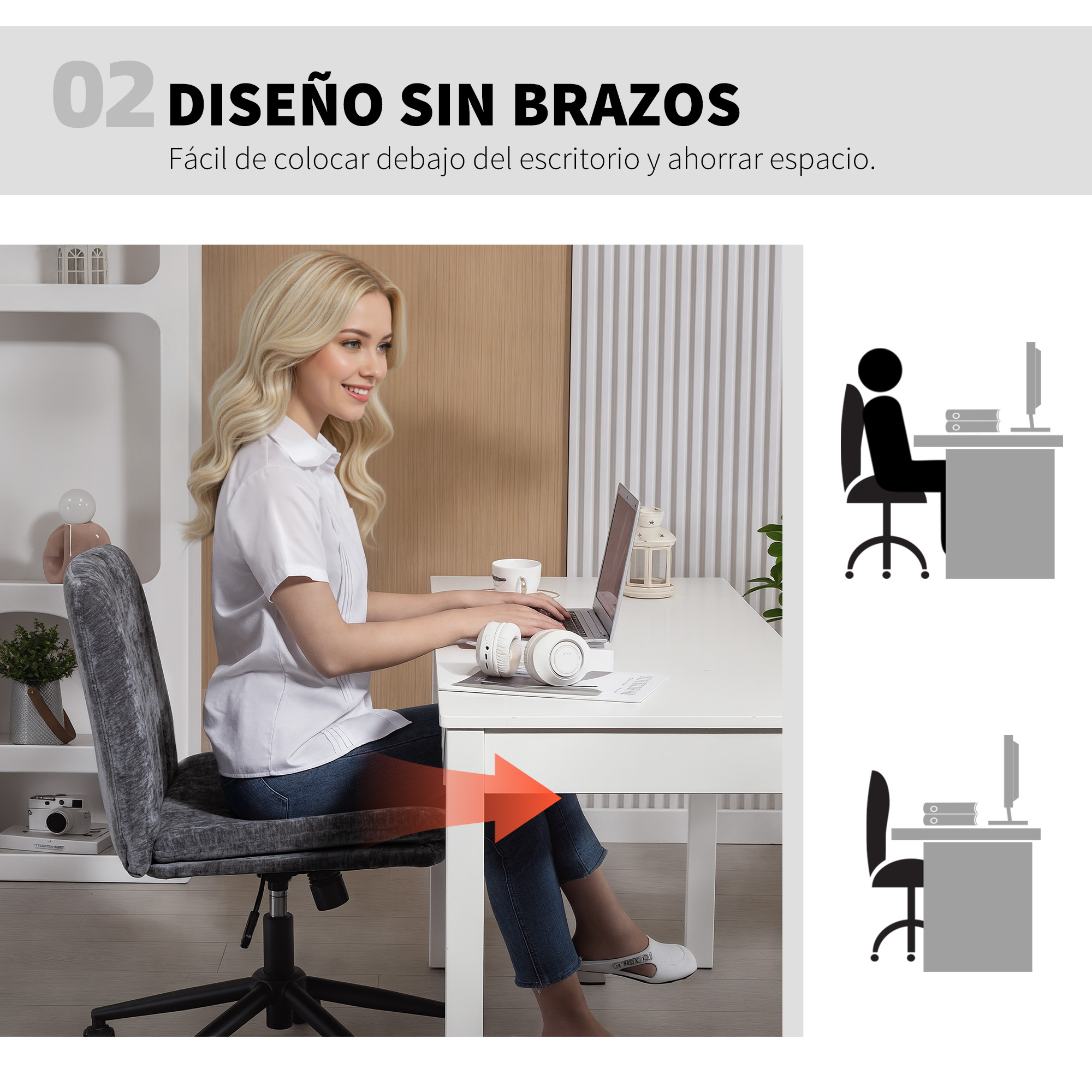 Mujer en escritorio con portátil, taza y auriculares. Silla sin brazos.