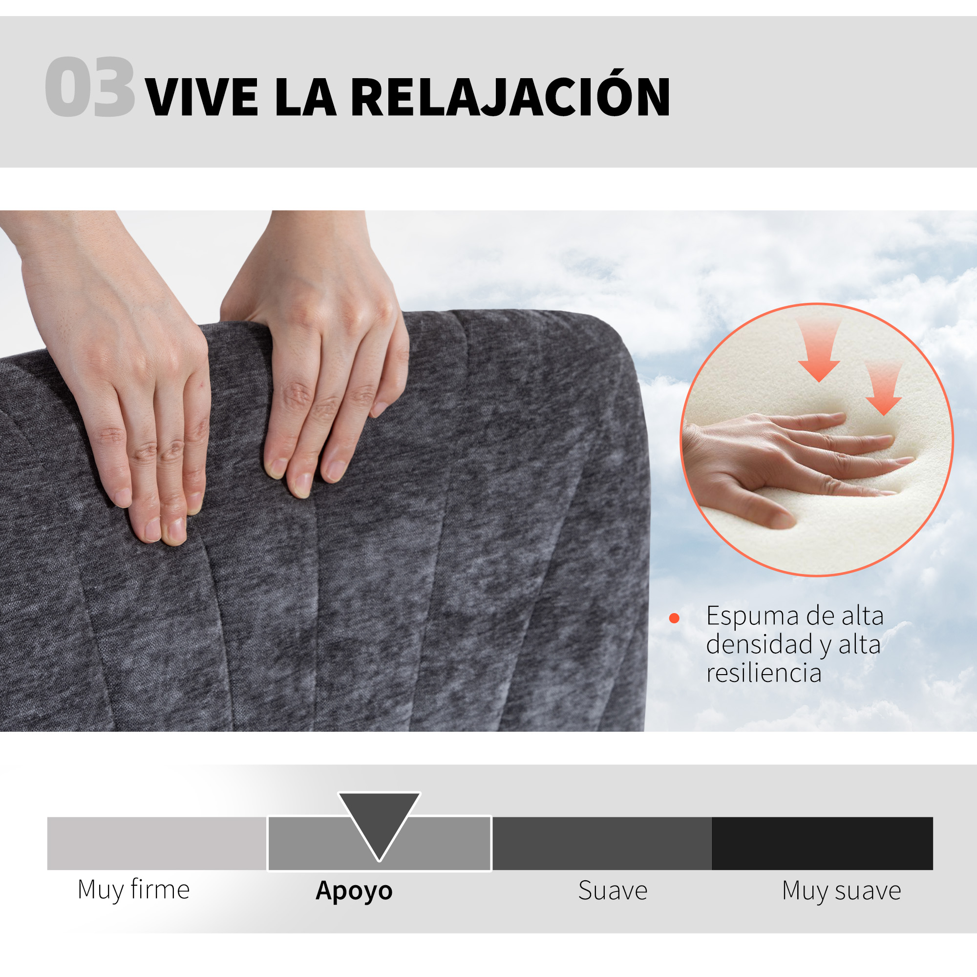 Manos presionan tela oscura. Detalle de espuma con flechas.