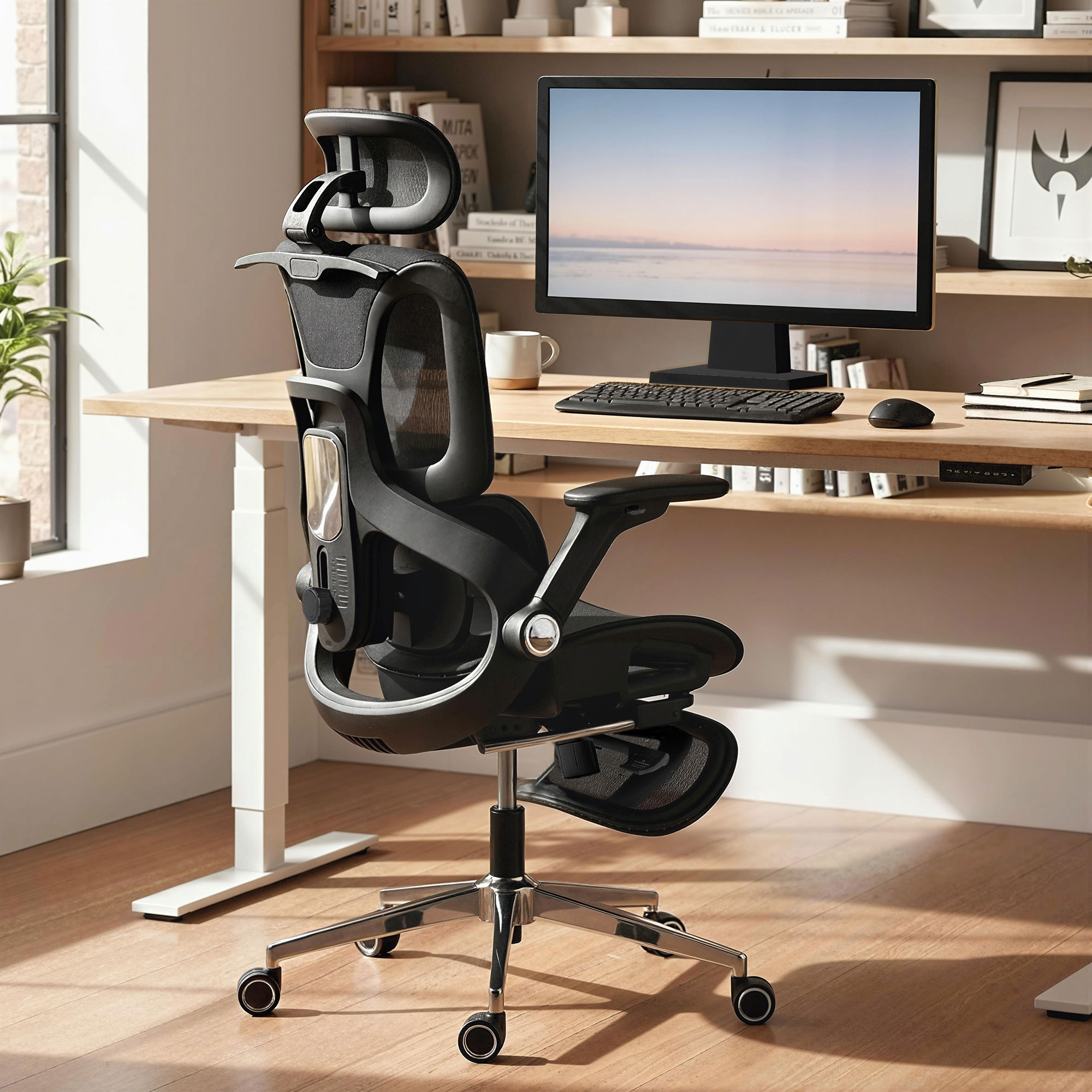 Una silla de oficina ergonómica negra en un escritorio de madera con computadora y libros.