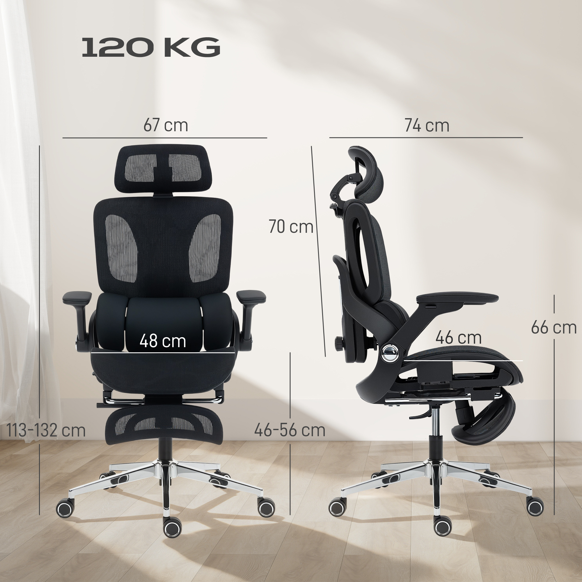 Silla de oficina ergonómica negra con dimensiones y límite de peso.