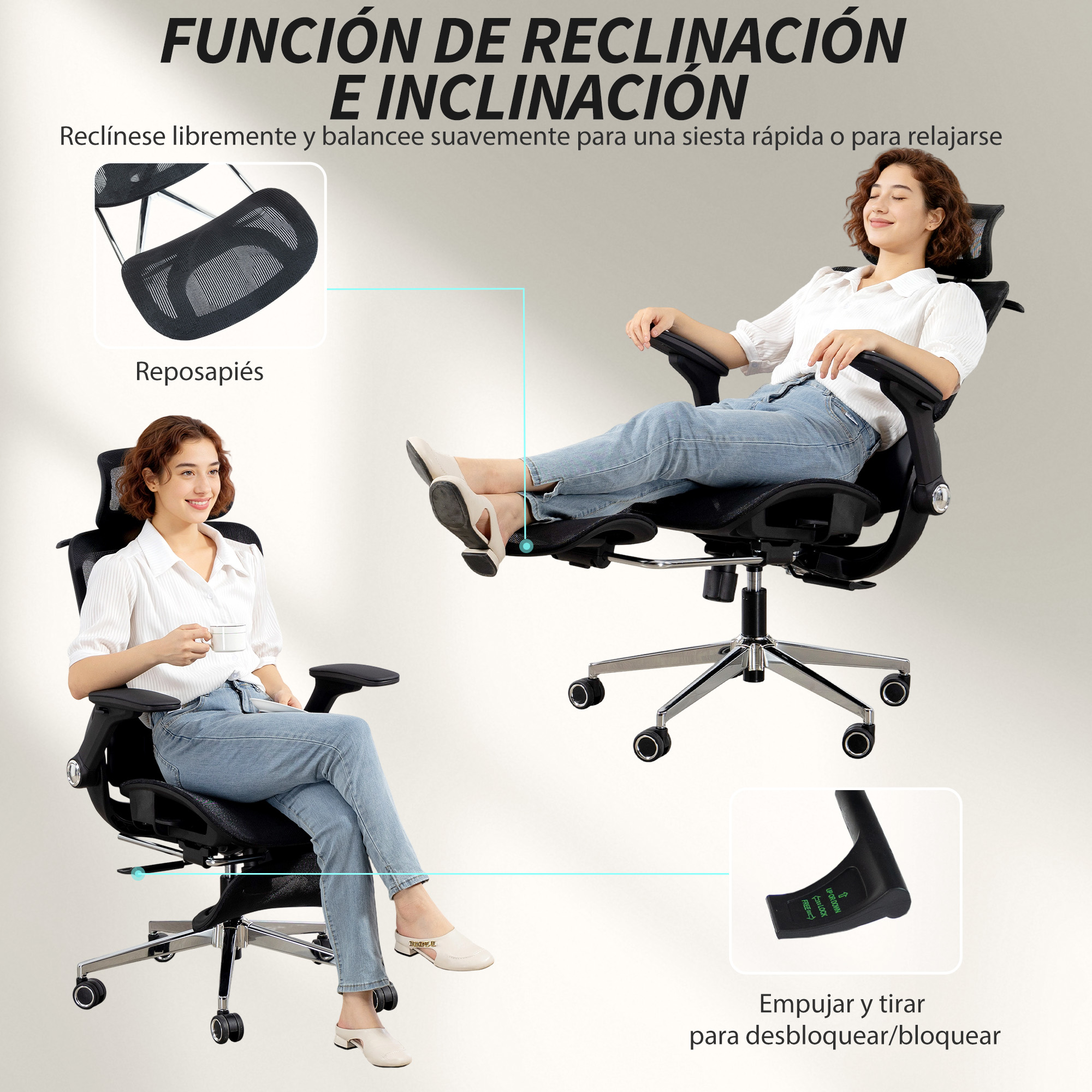 Mujer relajándose en silla de oficina con reposapiés extendido. Detalle de palanca.