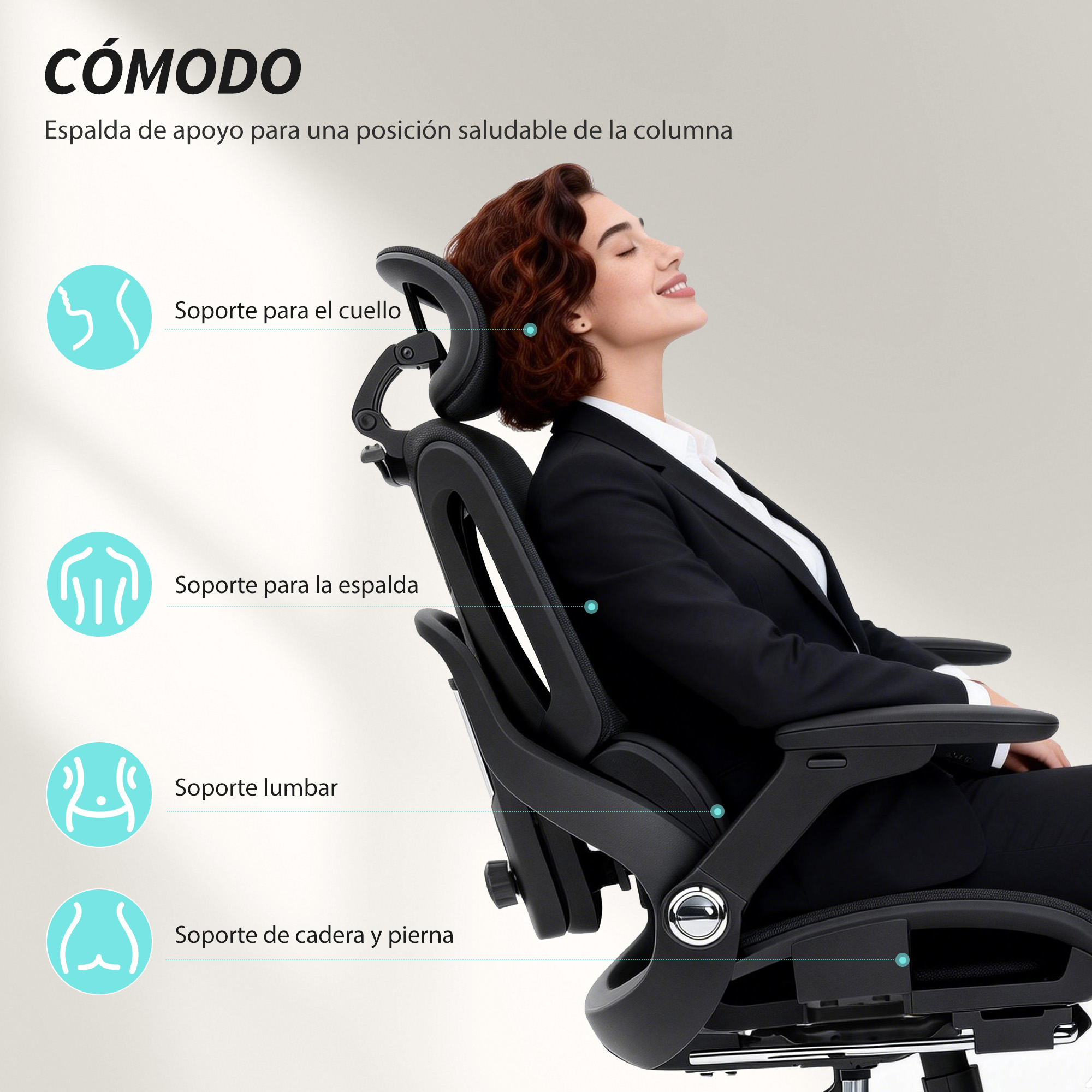 Mujer en silla de oficina con soporte de cuello, espalda y lumbares.