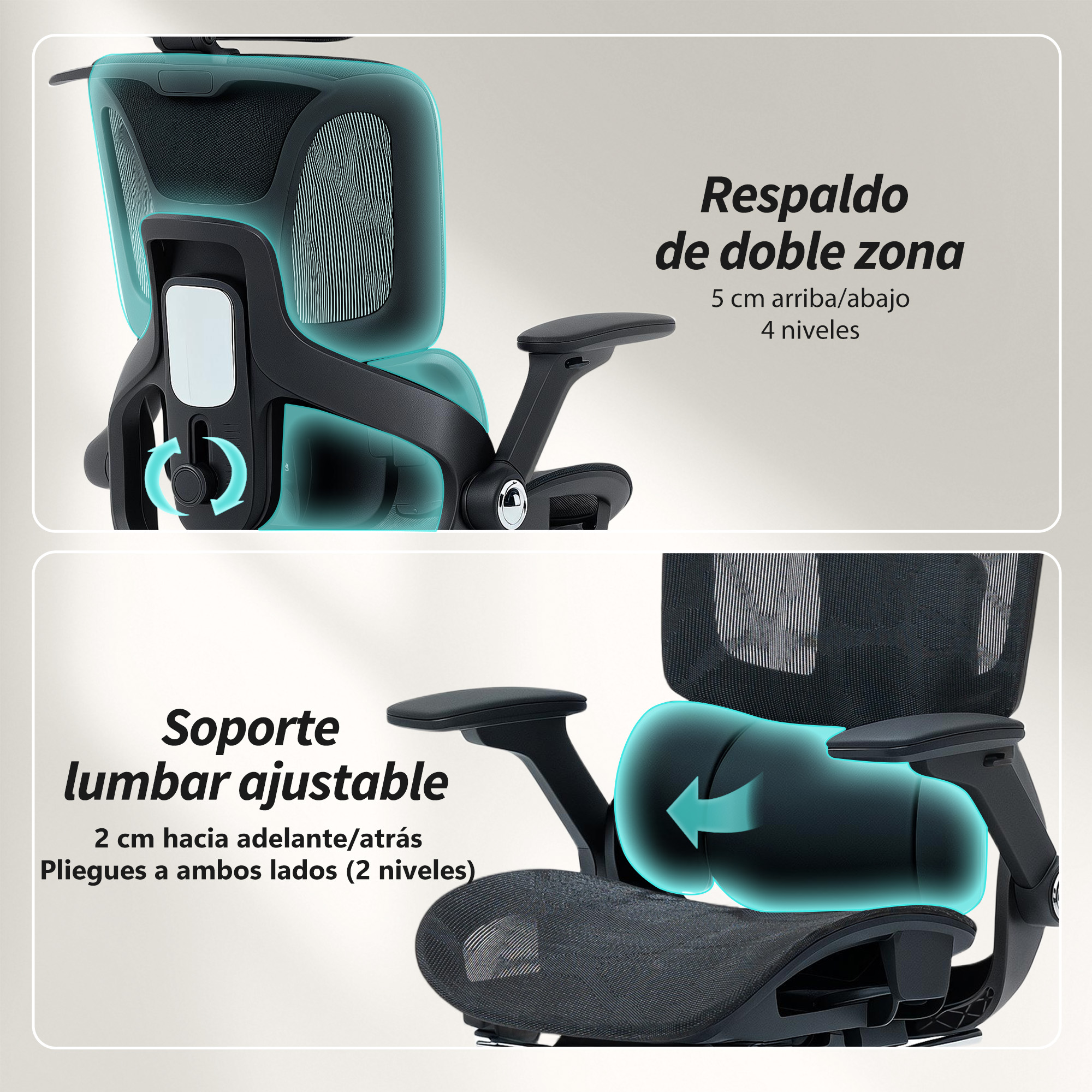 Silla ergonómica con soporte lumbar ajustable y respaldo de doble zona.