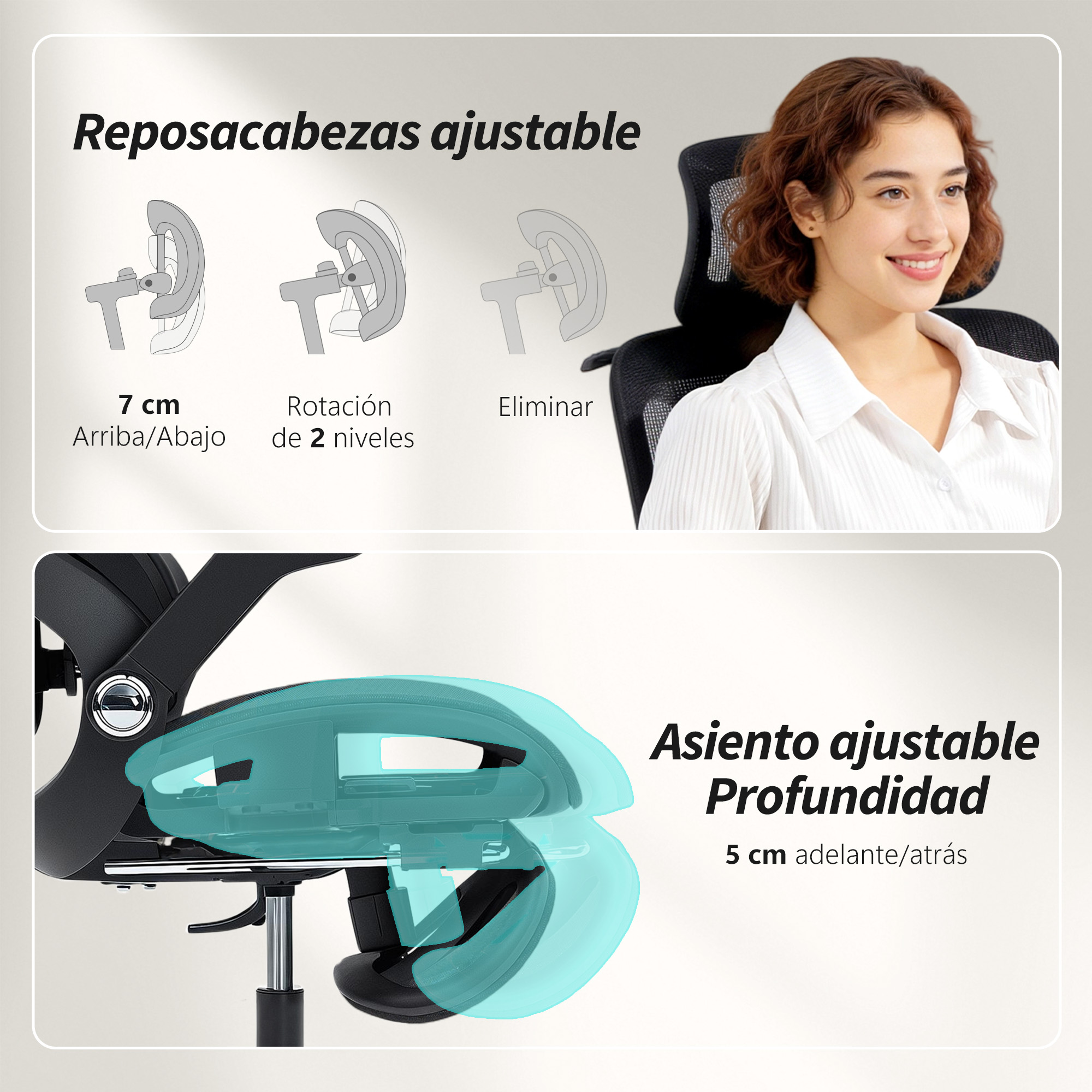 Una silla de oficina con reposacabezas y profundidad de asiento ajustables.