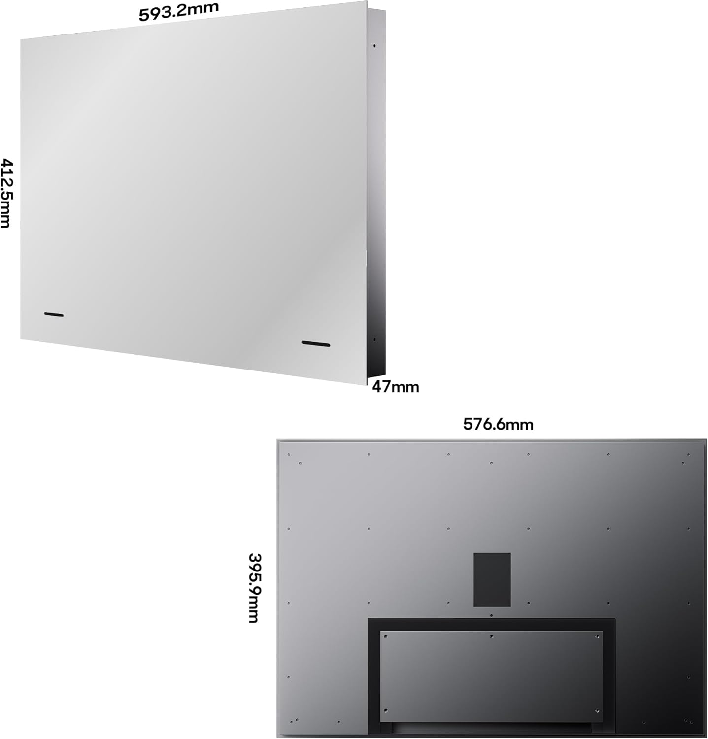 Un espejo rectangular plateado de 593,2 mm x 412,5 mm.