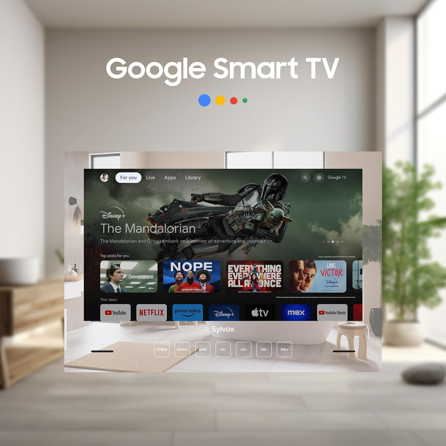 Google Smart TV mostrando contenido como The Mandalorian e íconos de aplicaciones.