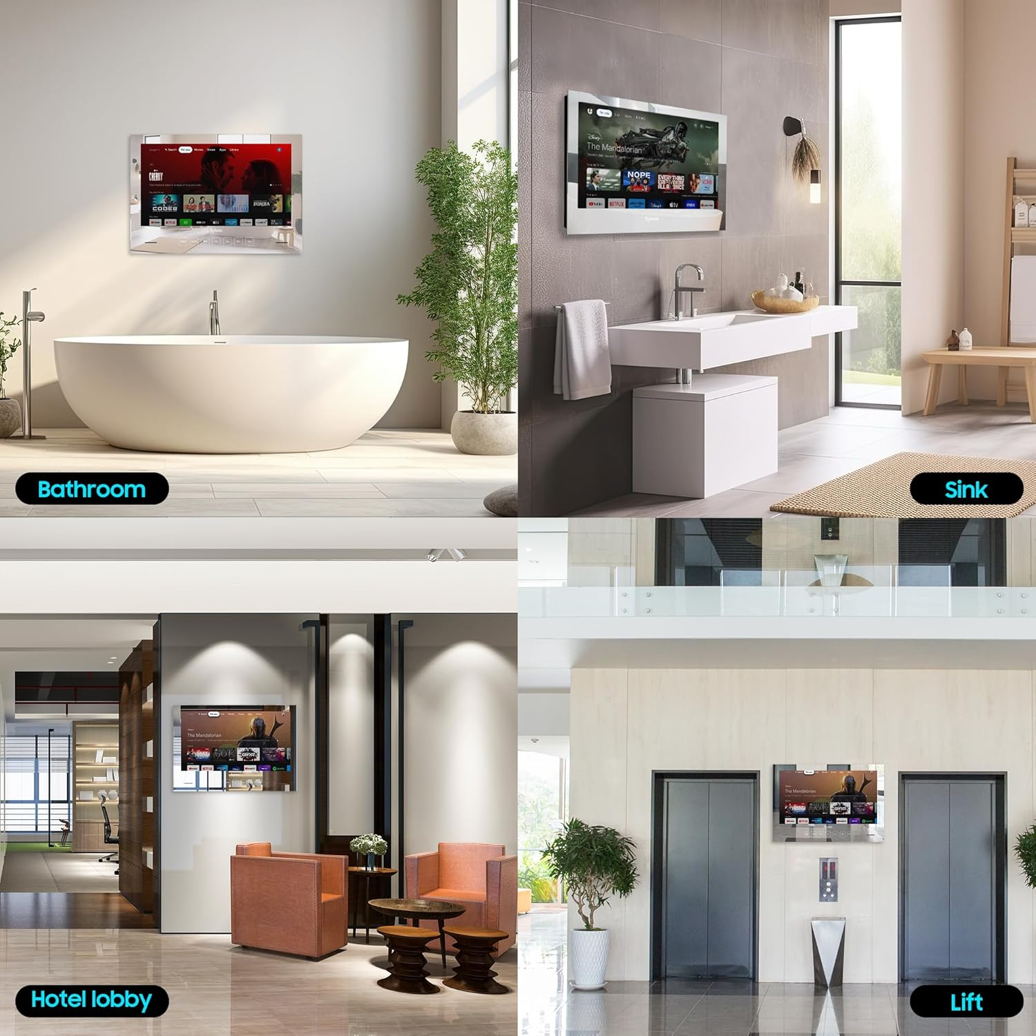Cuatro escenas: baño, lavabo, vestíbulo, ascensor. Todas muestran un televisor en la pared.