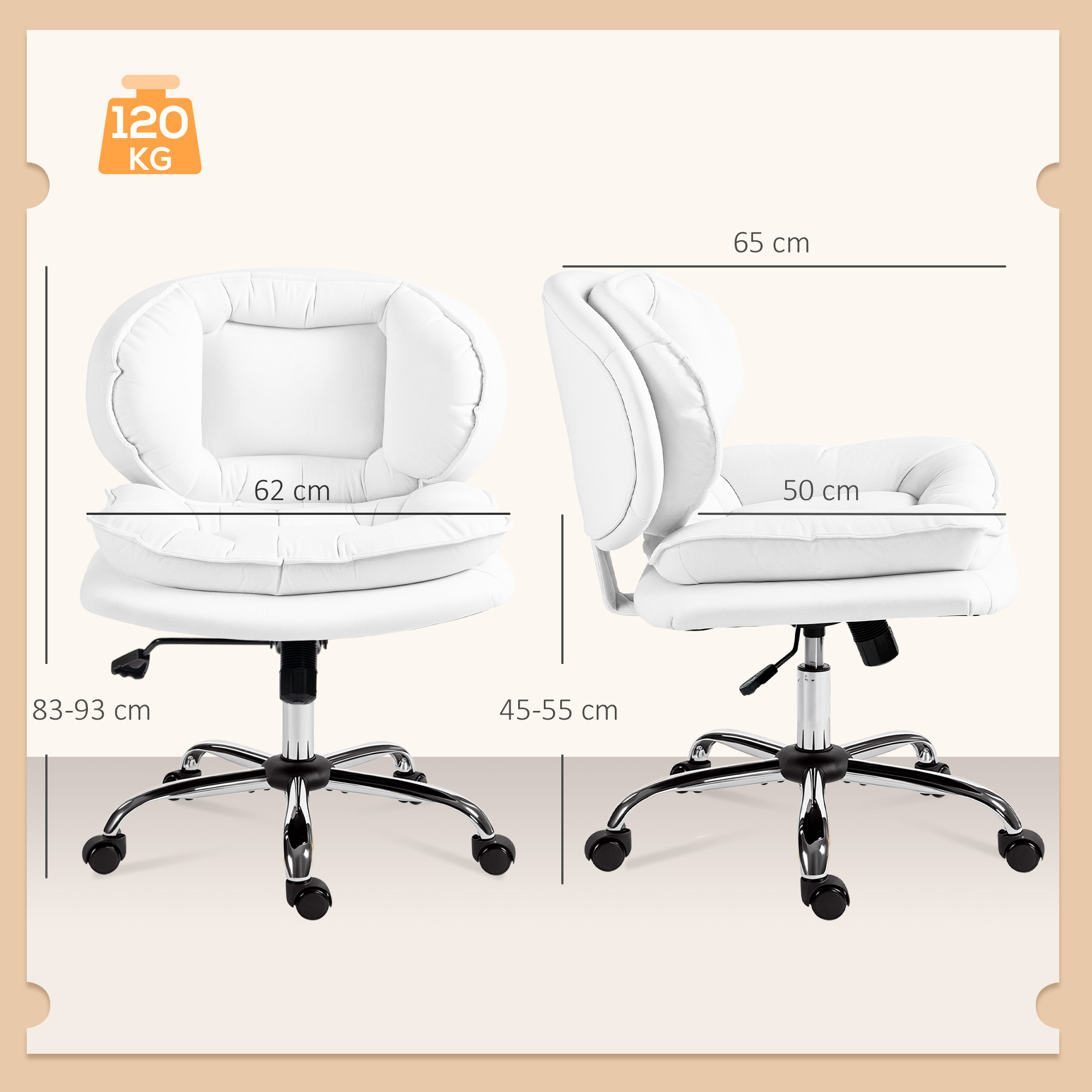 Una silla giratoria blanca con dimensiones y capacidad de 120 kg.