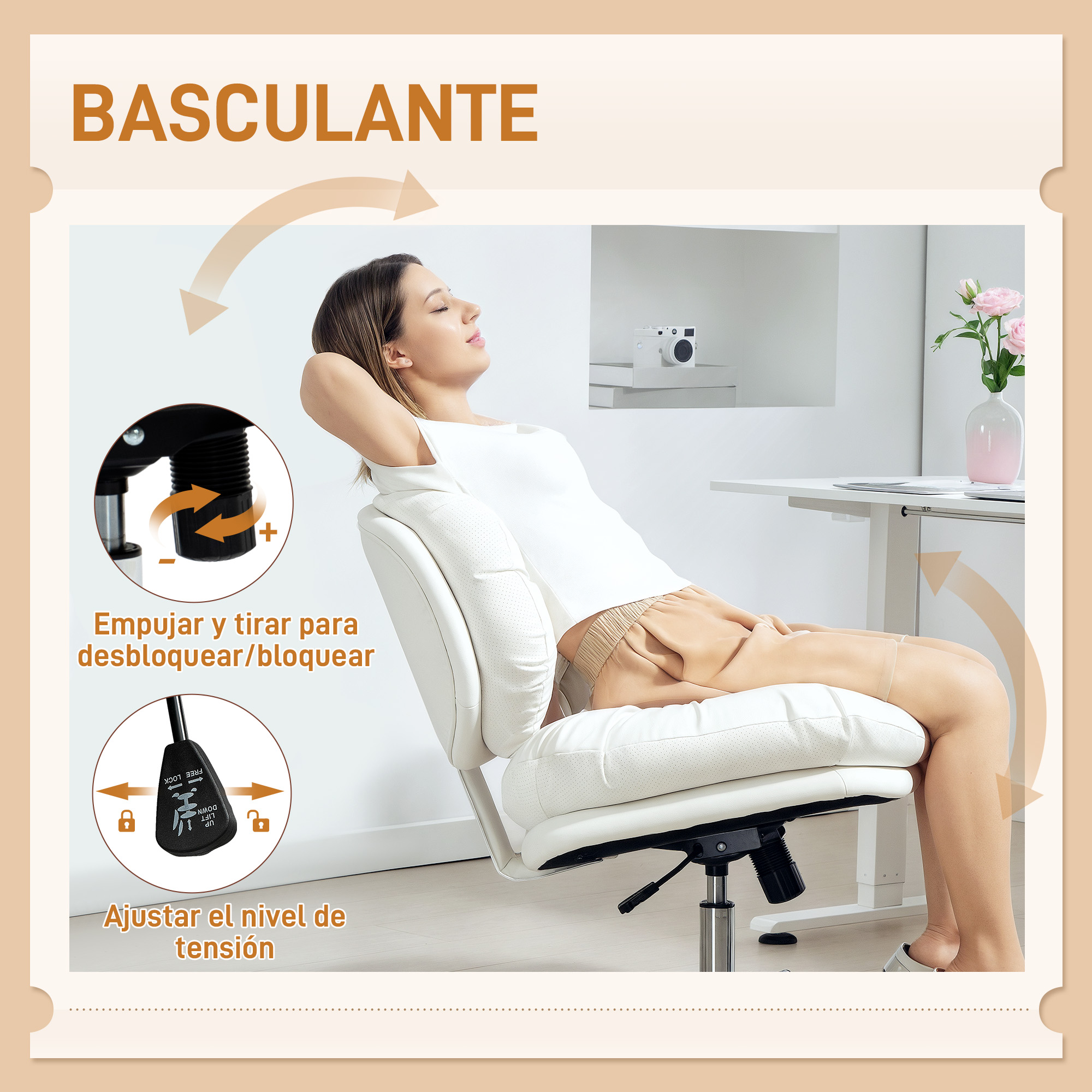 Mujer recostada en silla de oficina blanca. Vistas de detalle muestran controles.