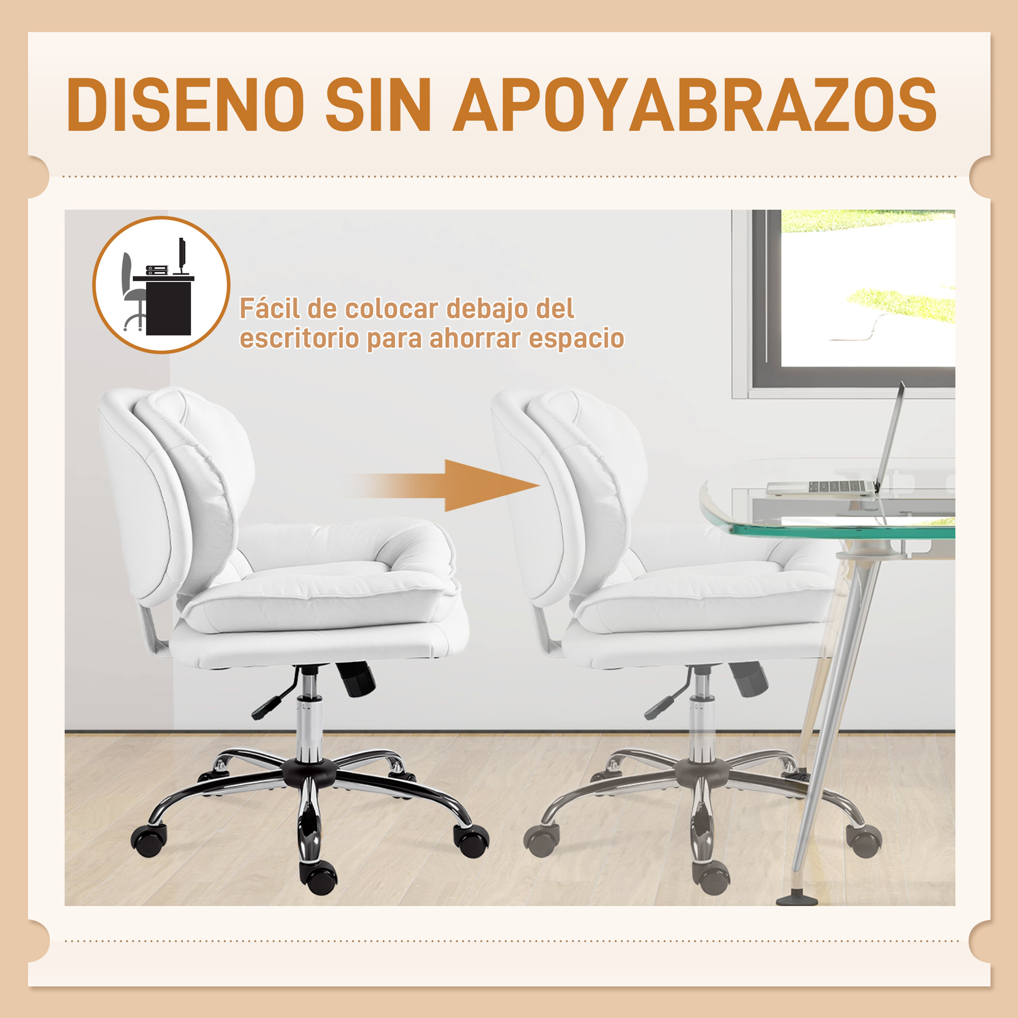 Dos sillas de oficina blancas una al lado de la otra, una debajo de un escritorio.