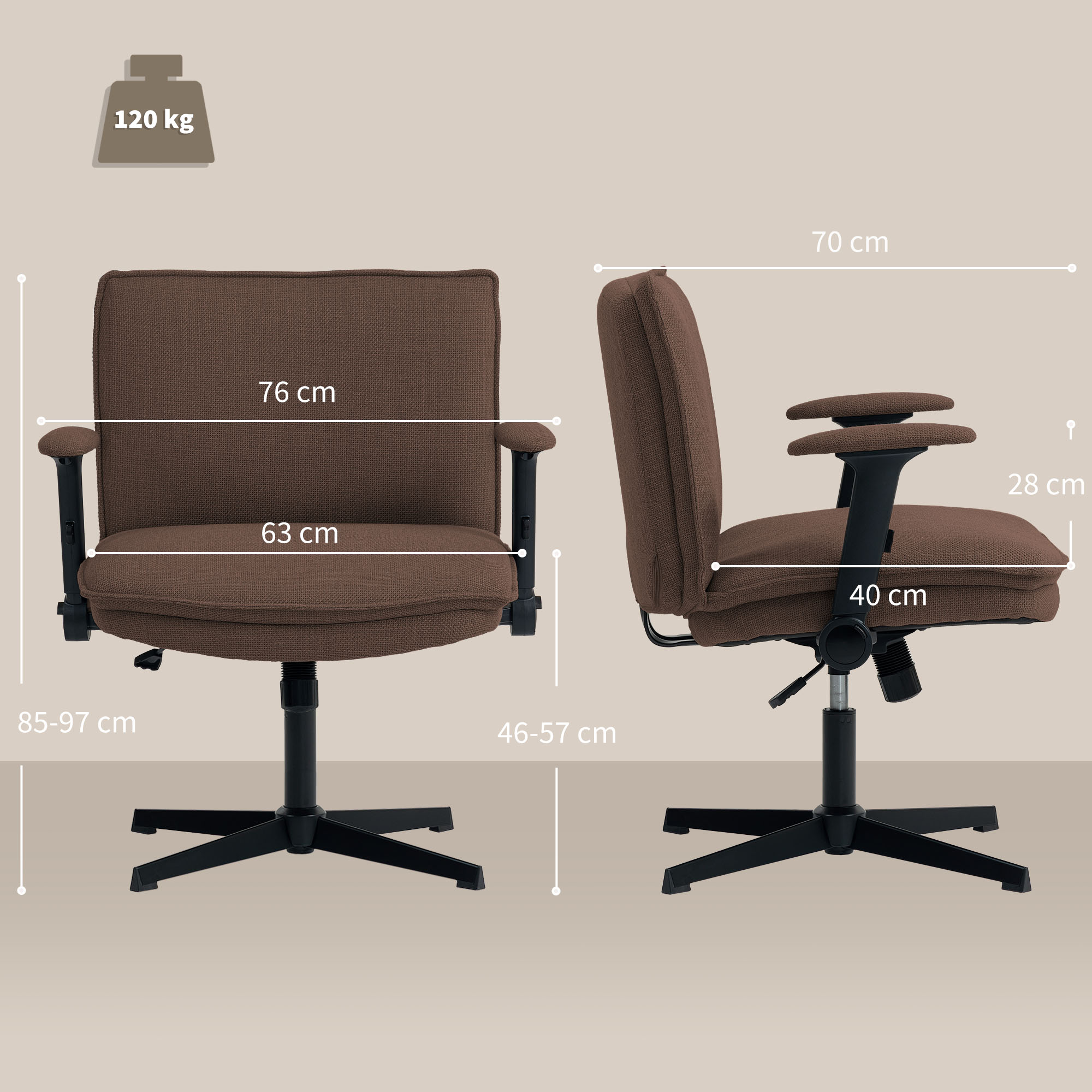 Silla de oficina marrón con dimensiones y capacidad de 120 kg.
