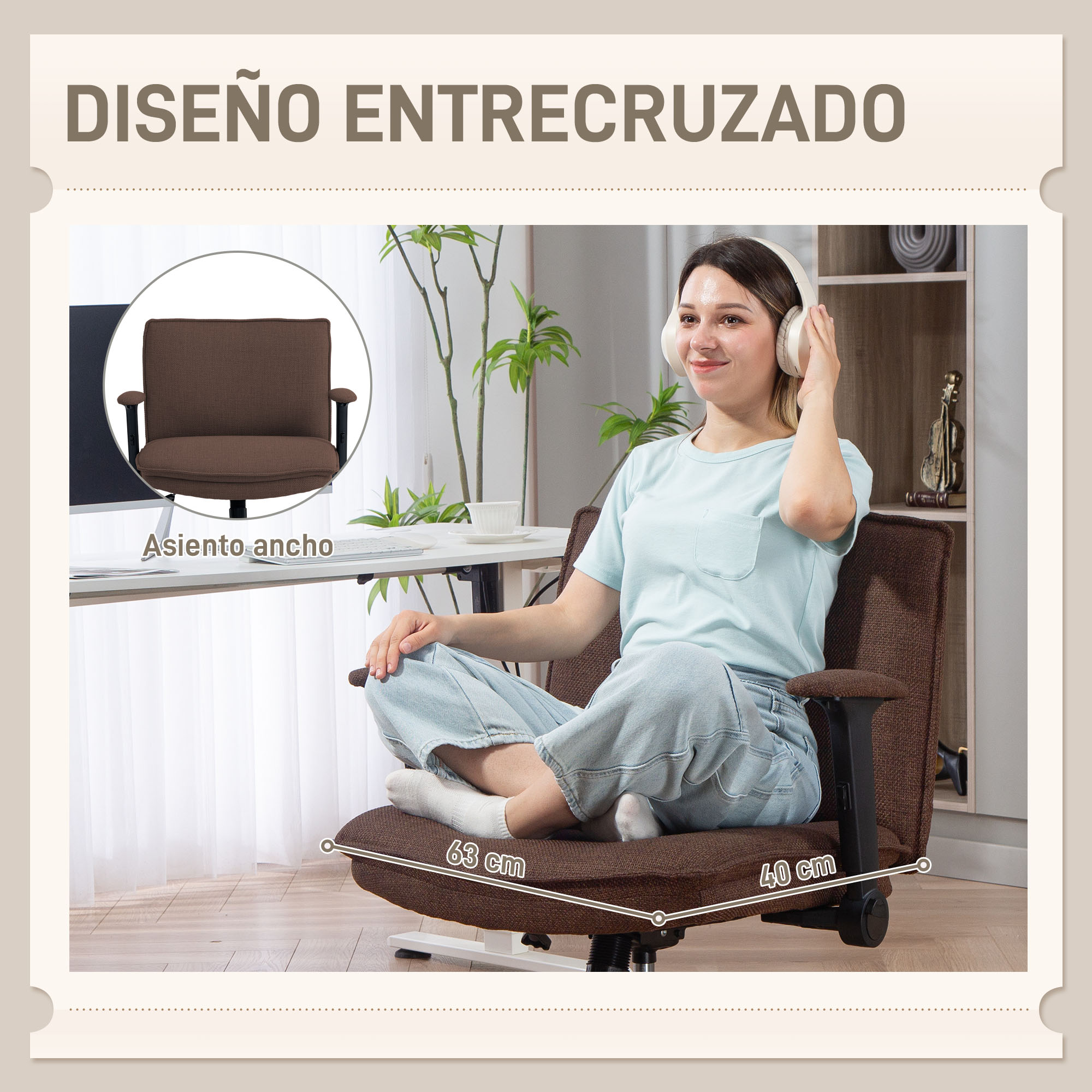 Mujer en silla de oficina marrón con auriculares, medidas 63x40 cm.