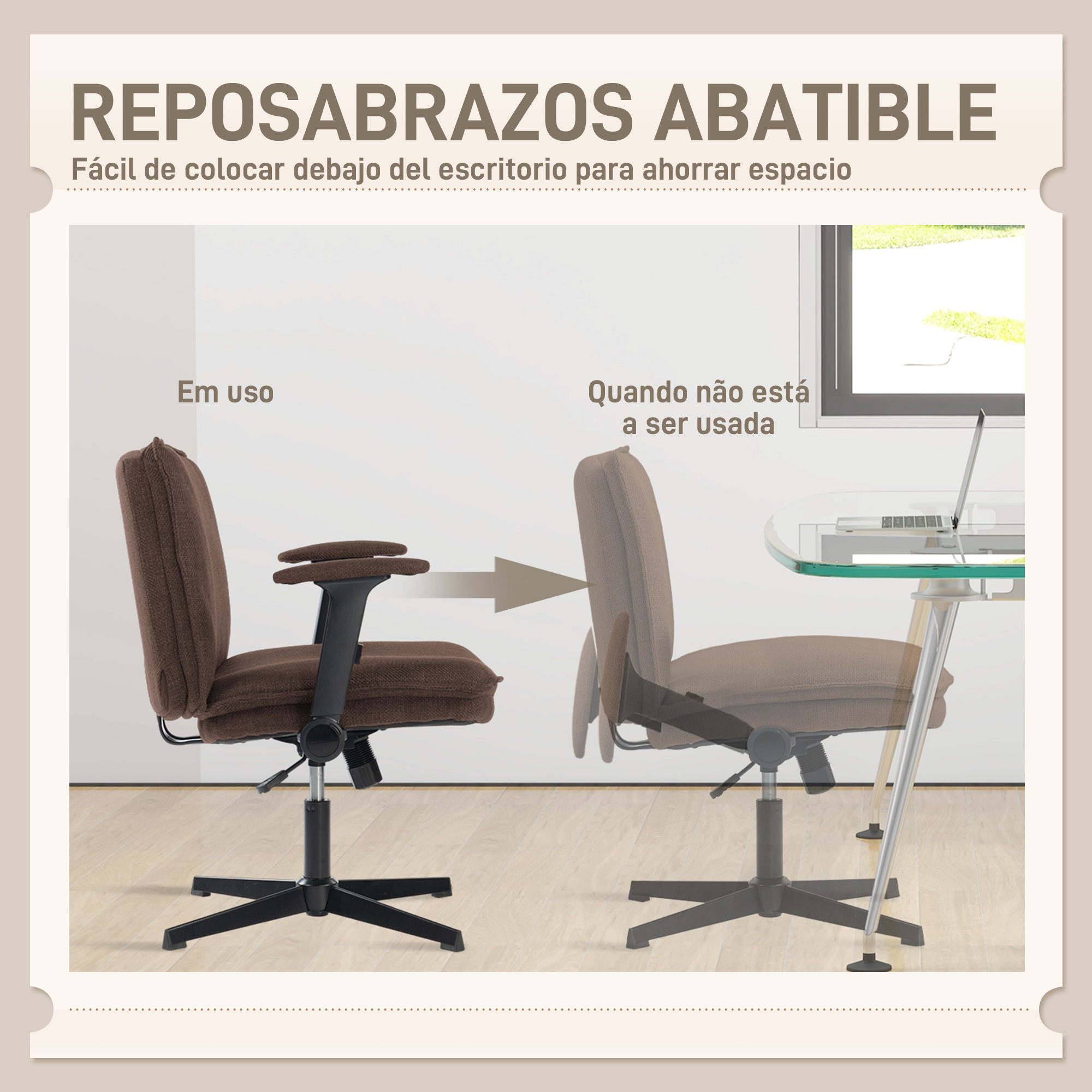 Silla de oficina marrón con reposabrazos abatibles. Mostrada en uso y debajo de un escritorio.