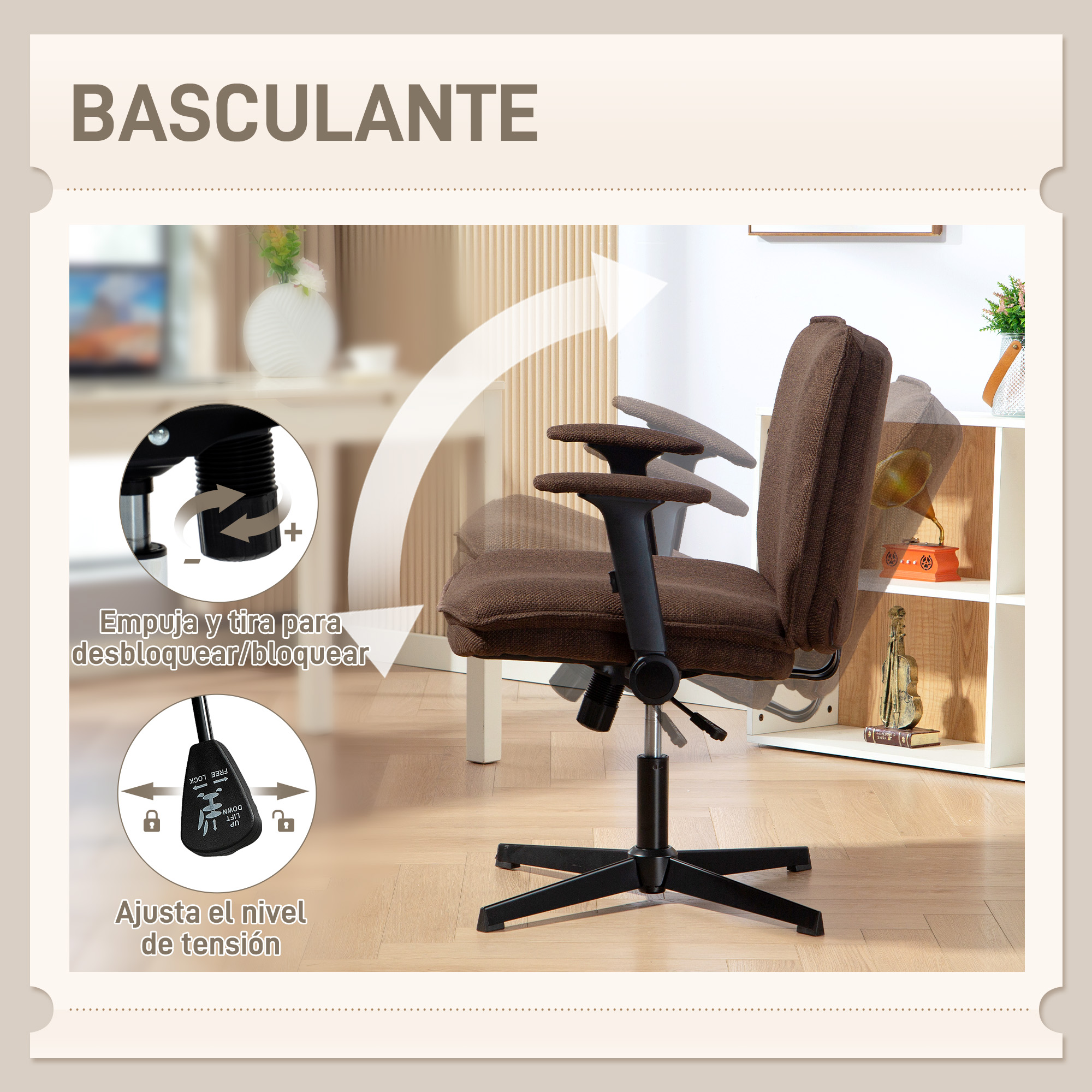 Una silla de oficina marrón con reposabrazos ajustables en suelo de madera.