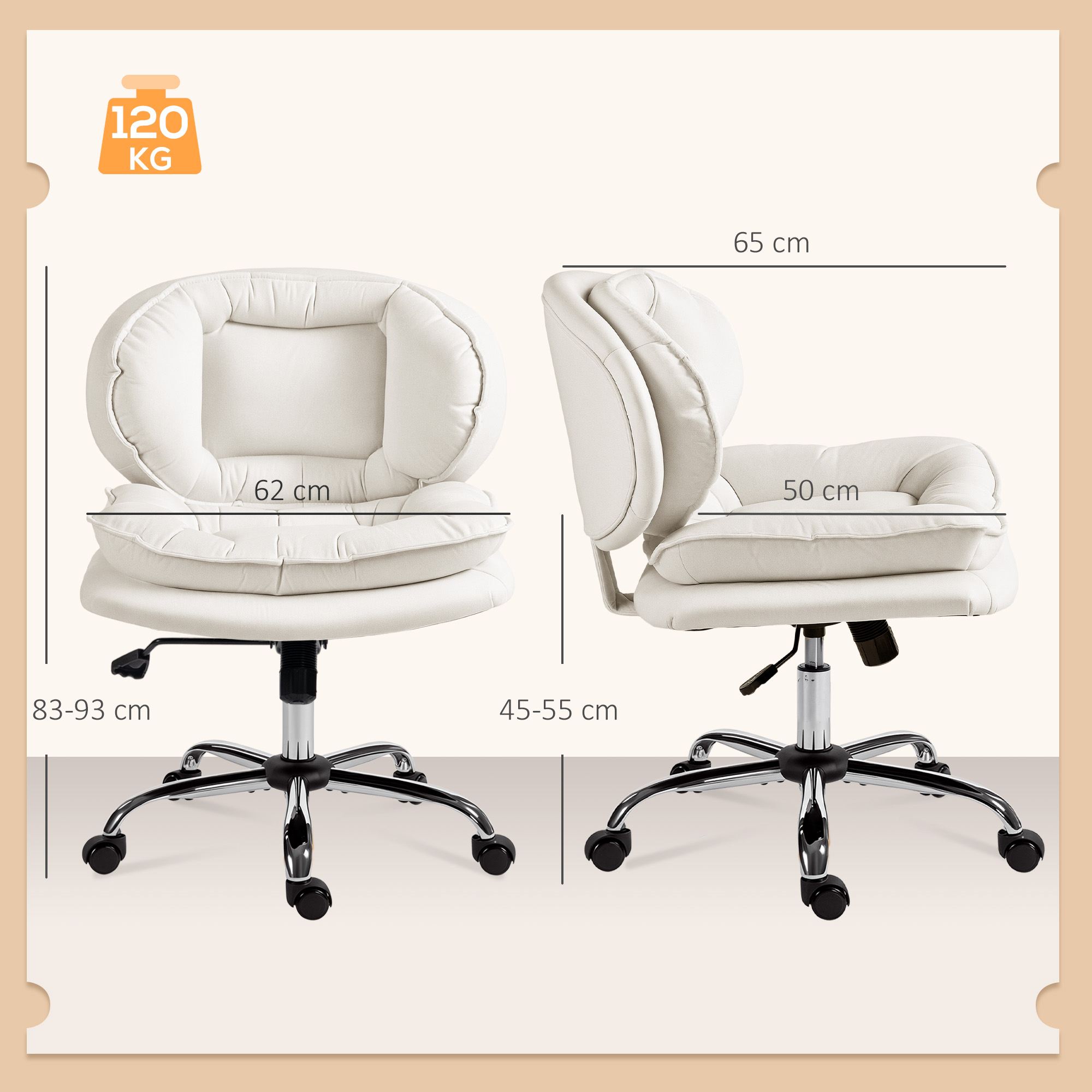 Silla de oficina blanca con ruedas y dimensiones, capacidad 120 kg.