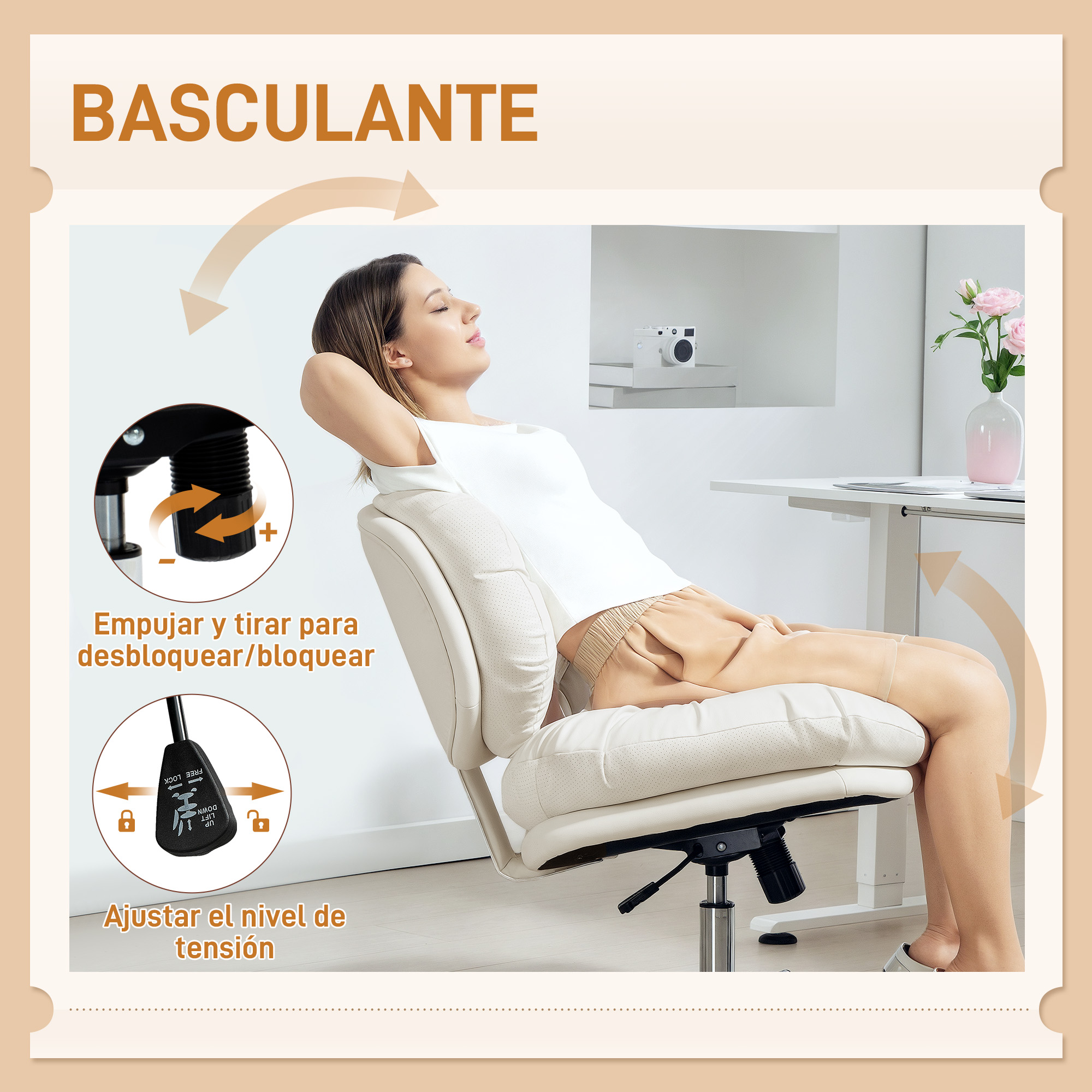 Mujer se relaja en silla de oficina; se muestran controles.