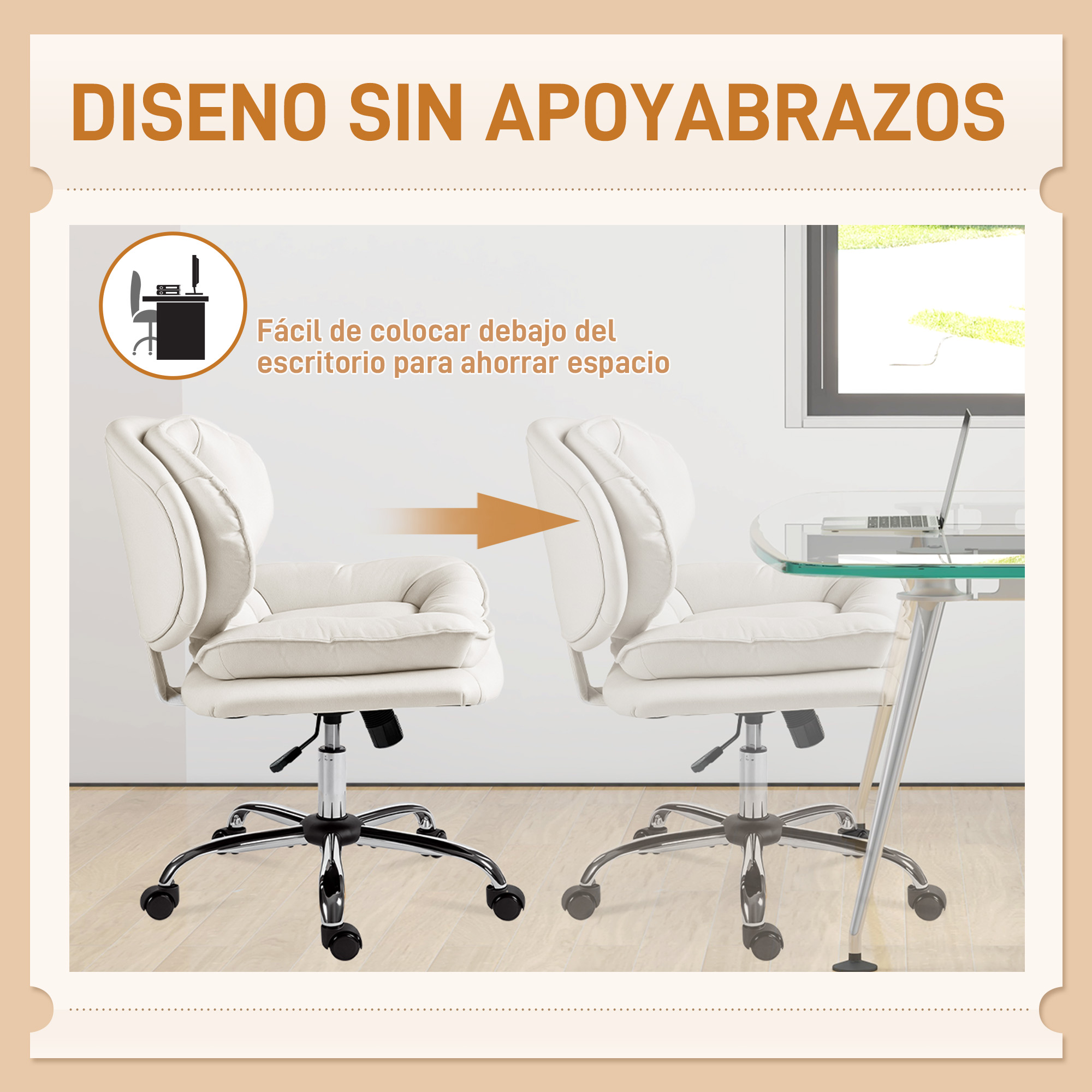 Dos sillas de oficina blancas mostradas una al lado de la otra para mostrar su diseño sin brazos.
