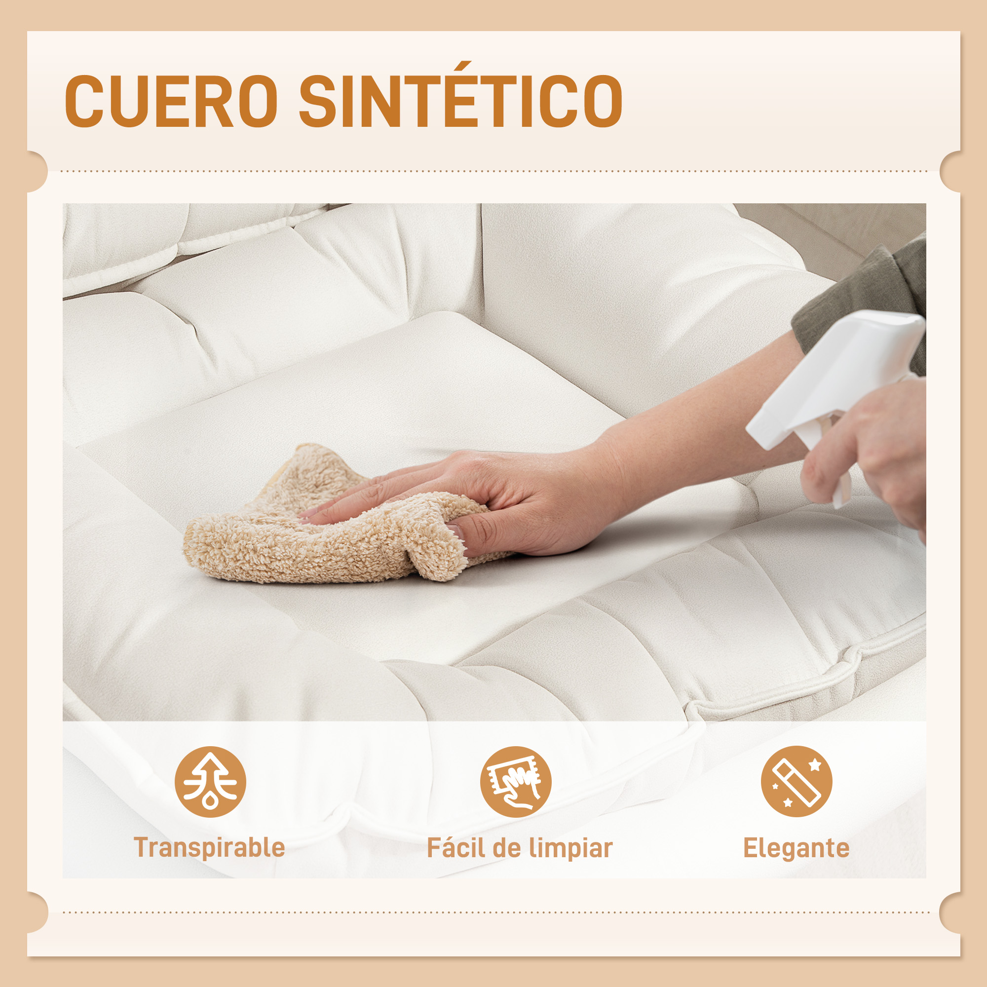 Una mano limpia un cuero sintético blanco con un paño.