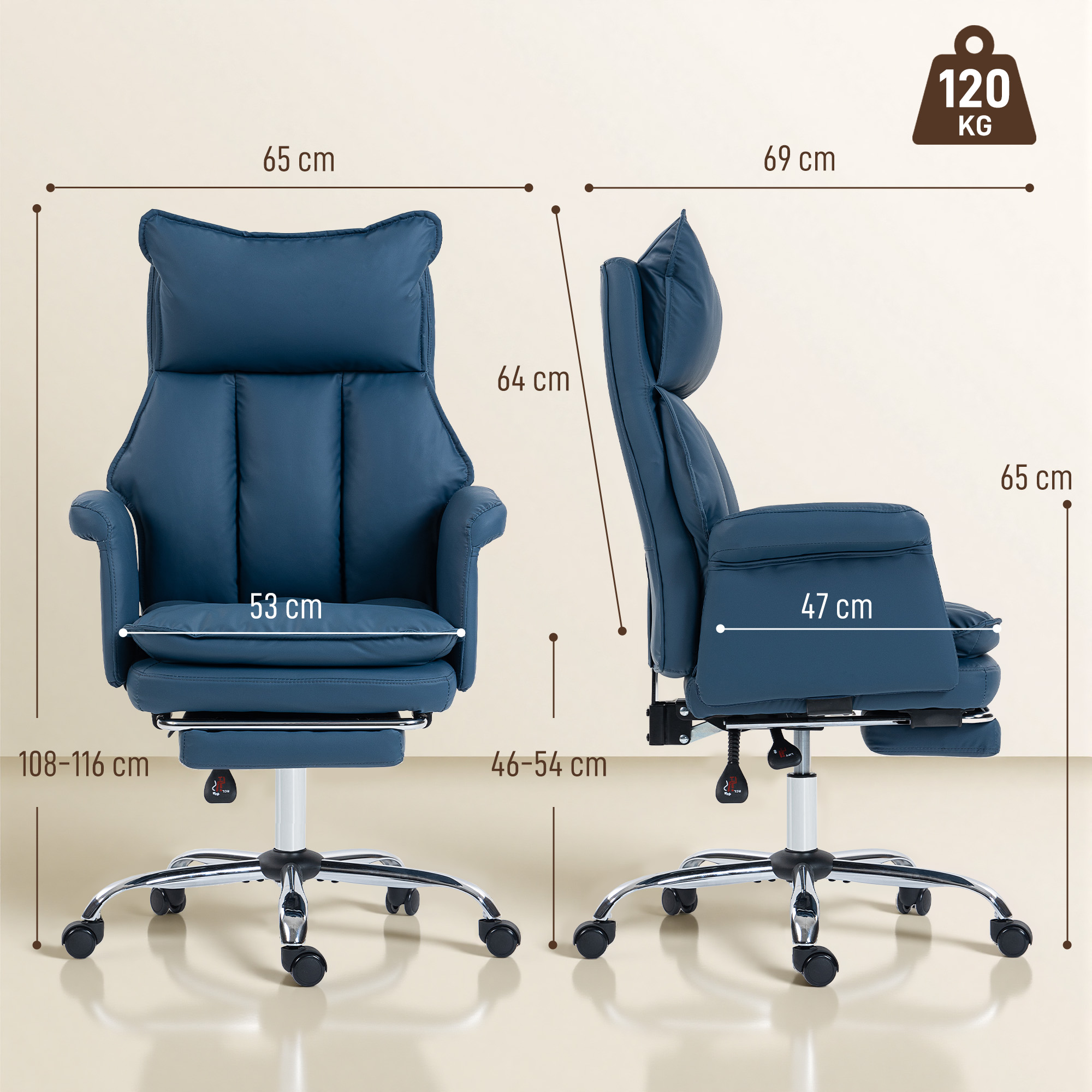Silla de oficina azul con dimensiones y capacidad de 120 kg.