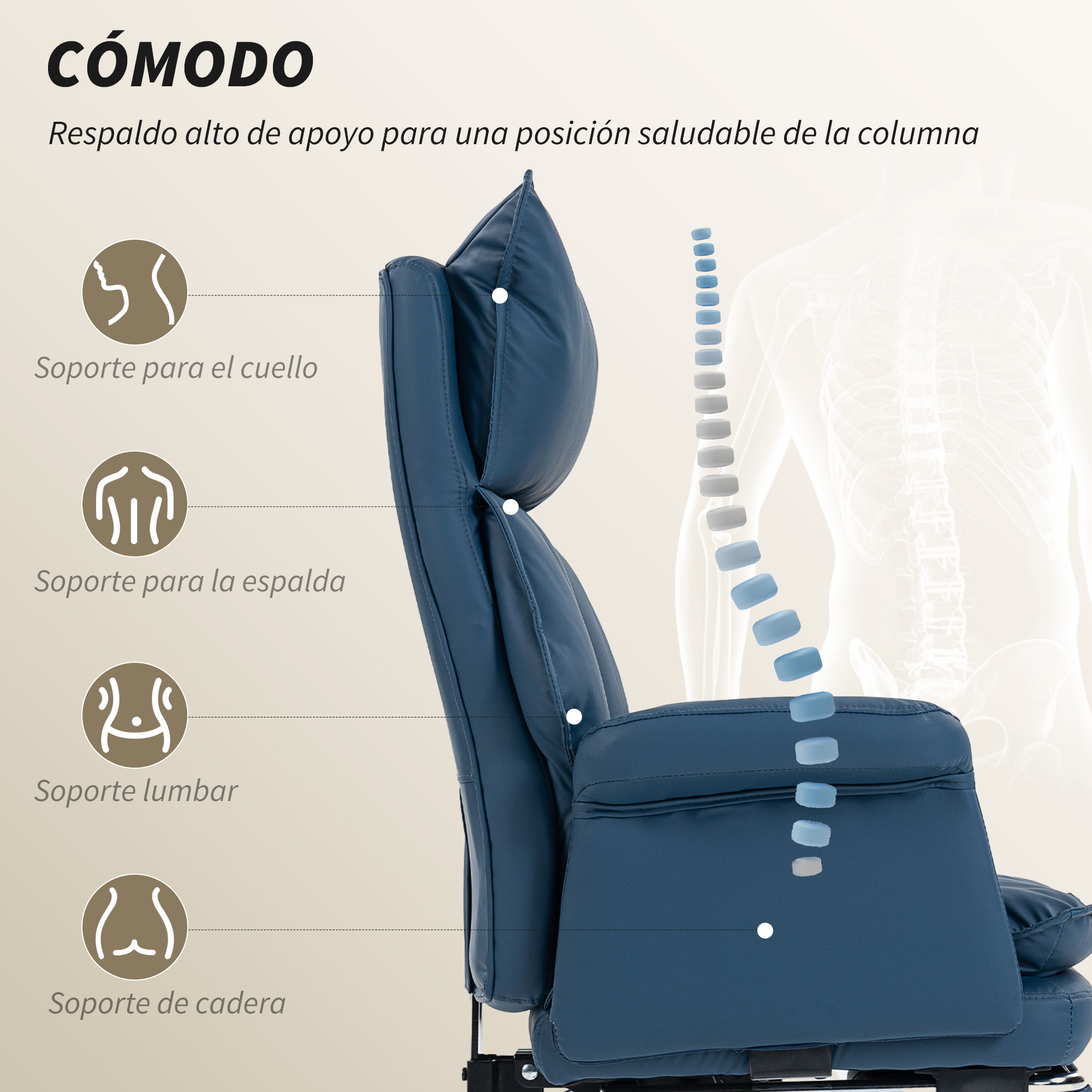 Silla de oficina azul con soporte detallado para cuello, espalda, lumbares y cadera.