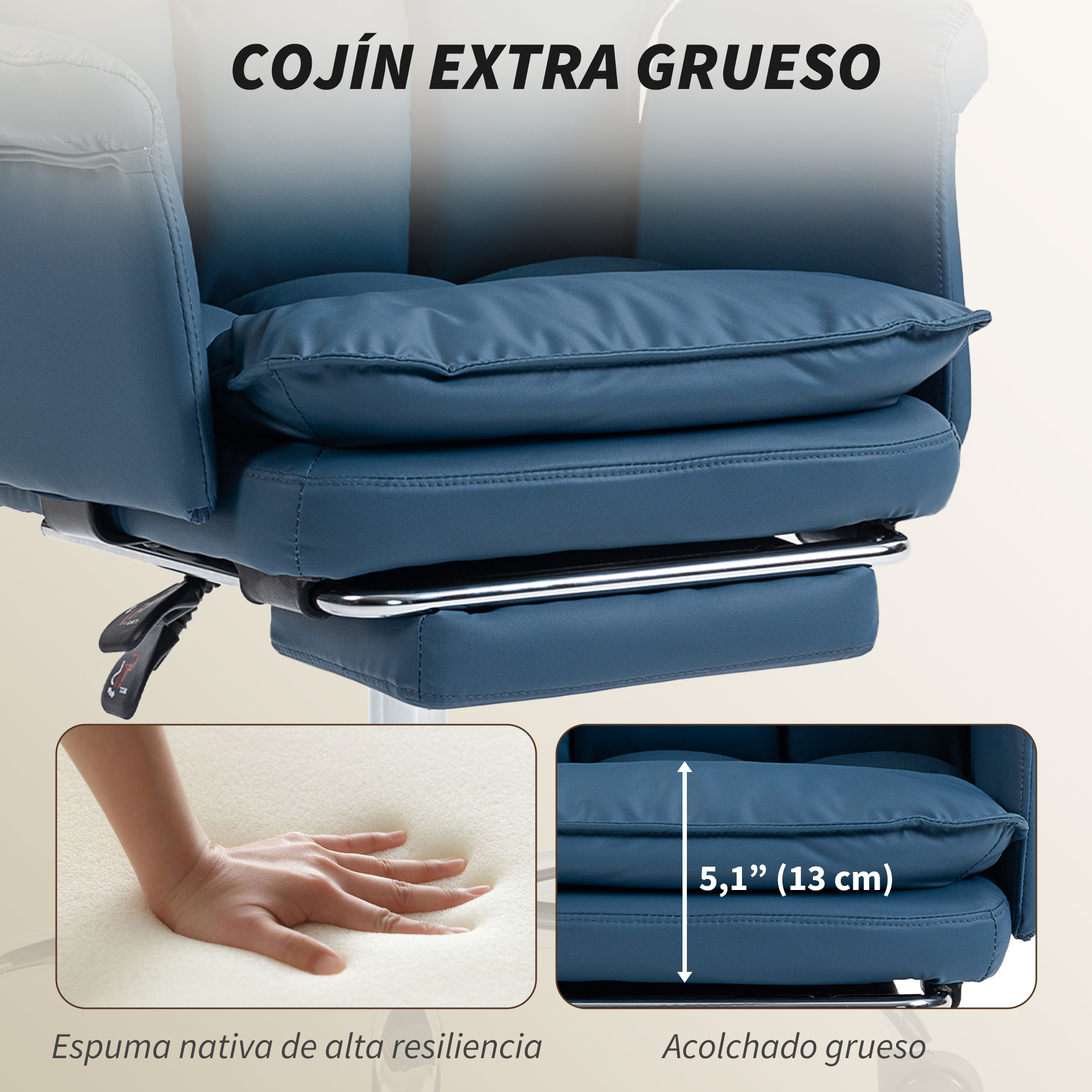 Silla de oficina azul con cojines gruesos, se muestra 5,1 pulg (13 cm).