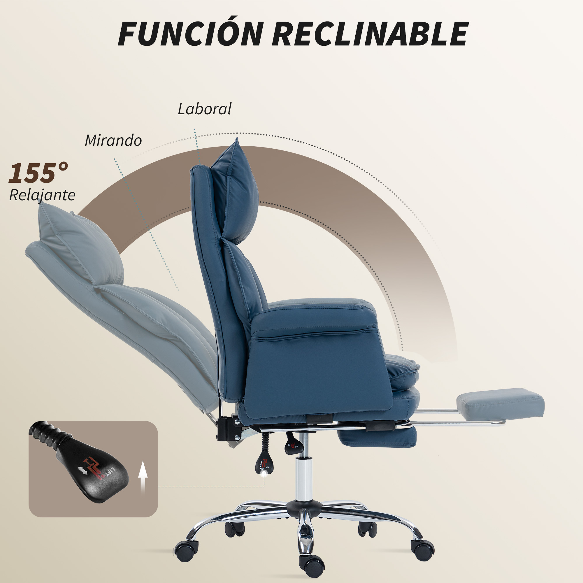 Una silla de oficina azul con reposapiés extensible, mostrada en posiciones reclinadas.