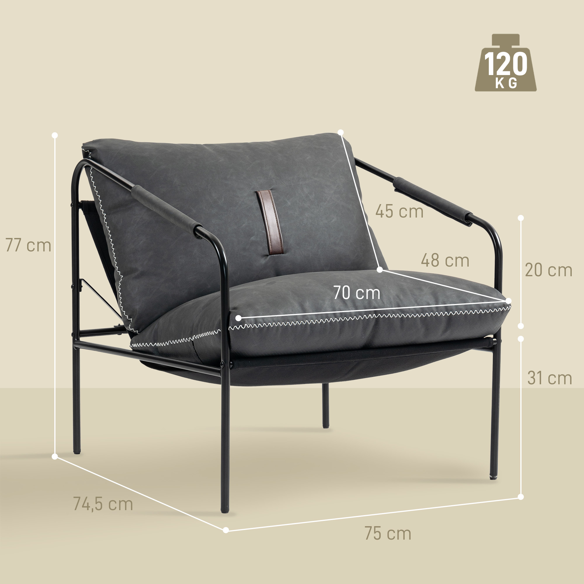 Un sillón oscuro con dimensiones: 77cm alto, 74.5cm ancho, 75cm profundo. Max 120kg.