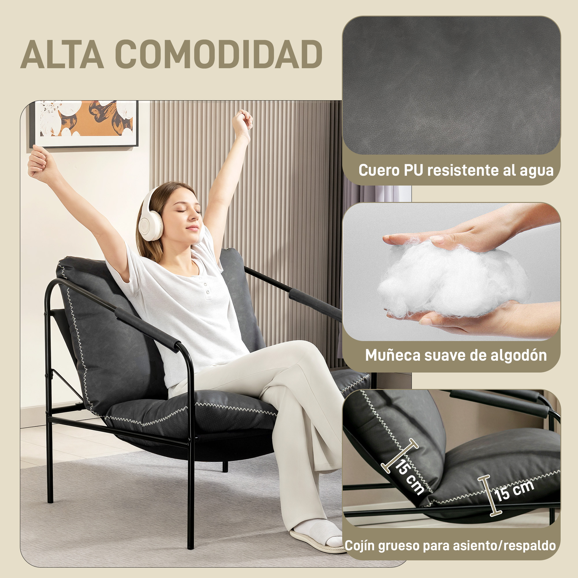 Mujer con auriculares se relaja en sillón oscuro, con tomas de detalle de material y cojines.