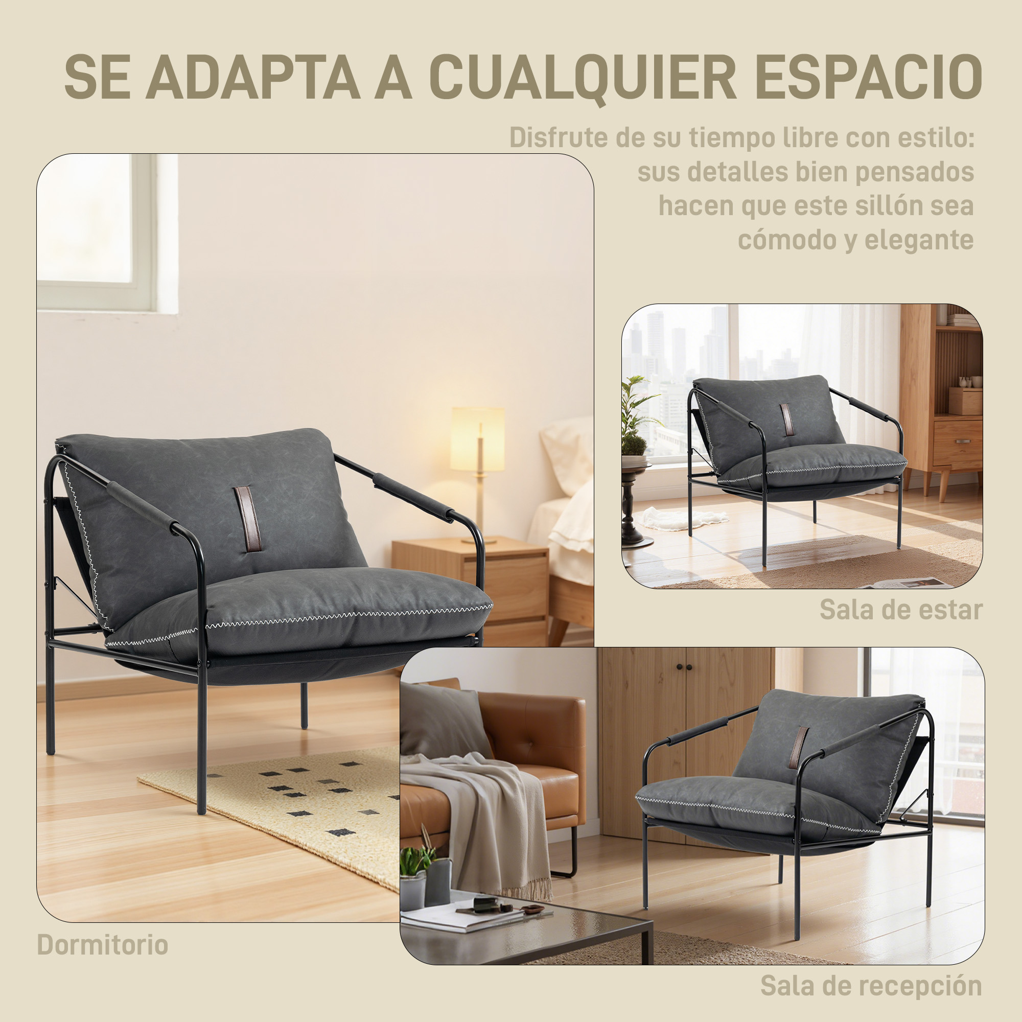 Un sillón oscuro con marco de metal sobre suelo de madera junto a una alfombra.