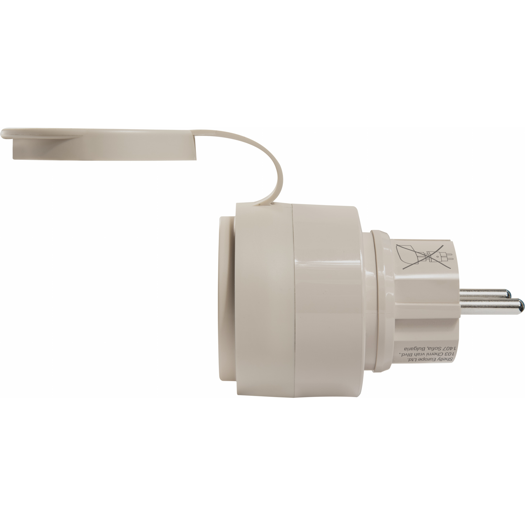 Beżowy adapter podróżny z klapką ochronną i bolcami.