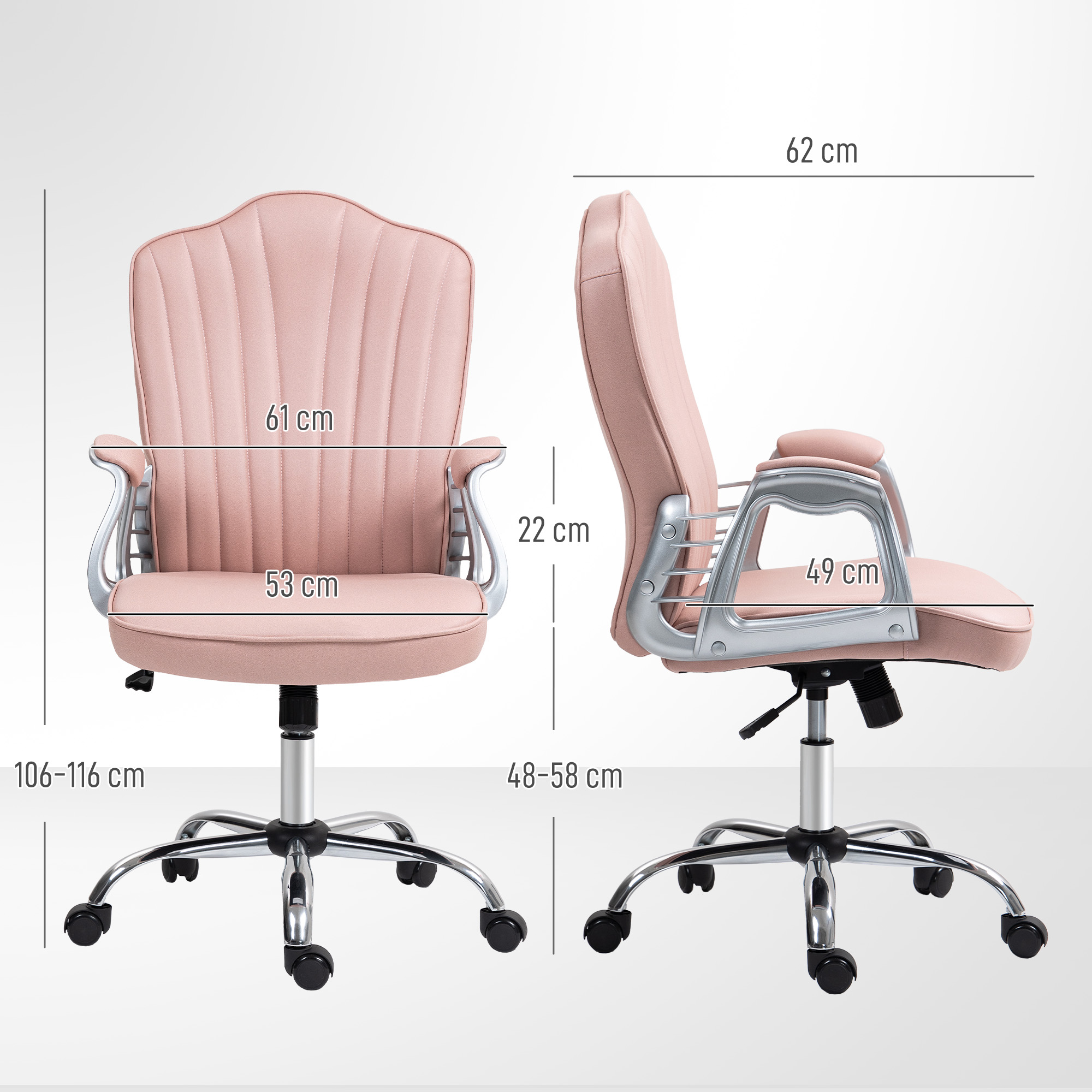 Silla de oficina rosa con brazos plateados y ruedas. Se muestran las dimensiones.