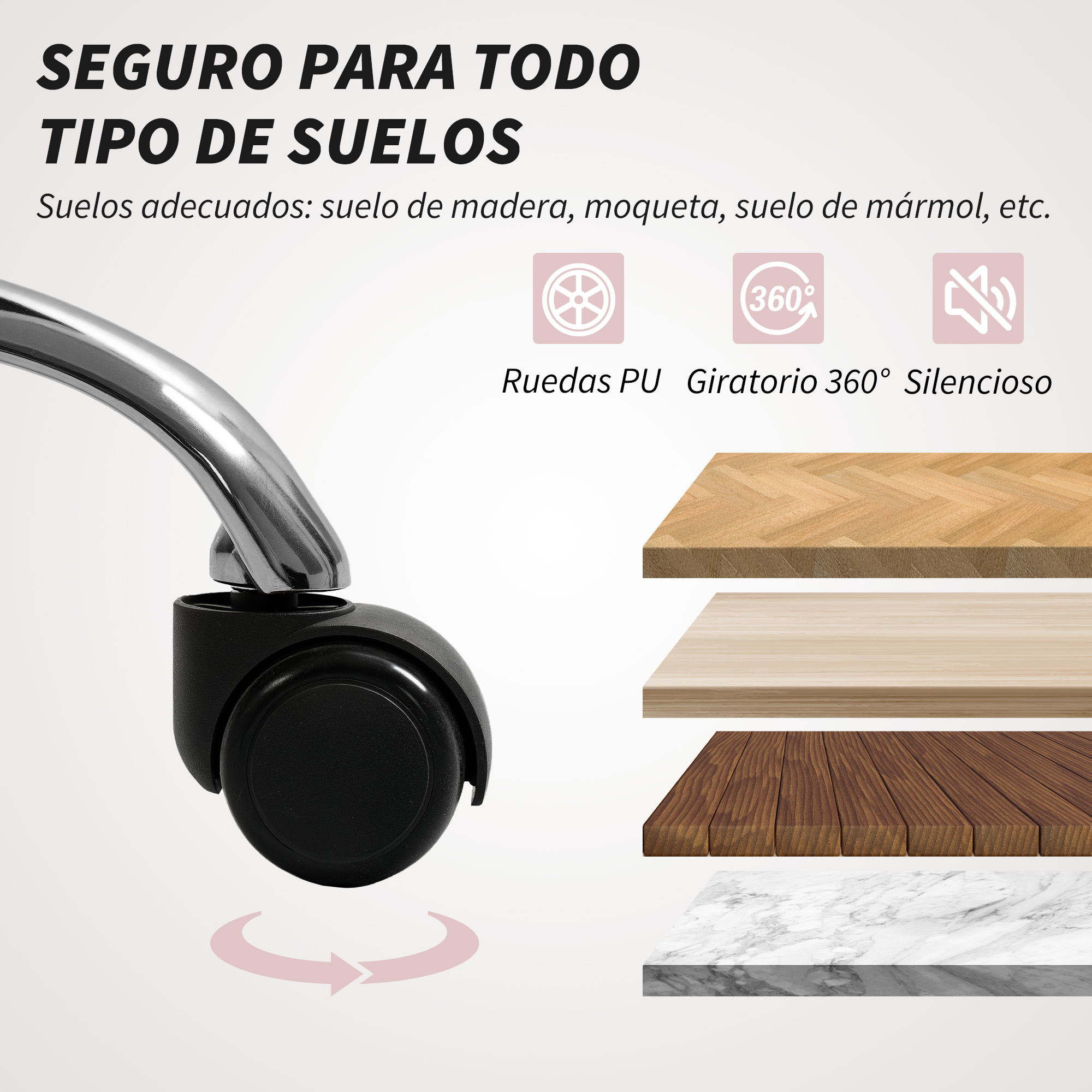 Rueda de silla de oficina sobre varios tipos de suelo: madera, moqueta, mármol.