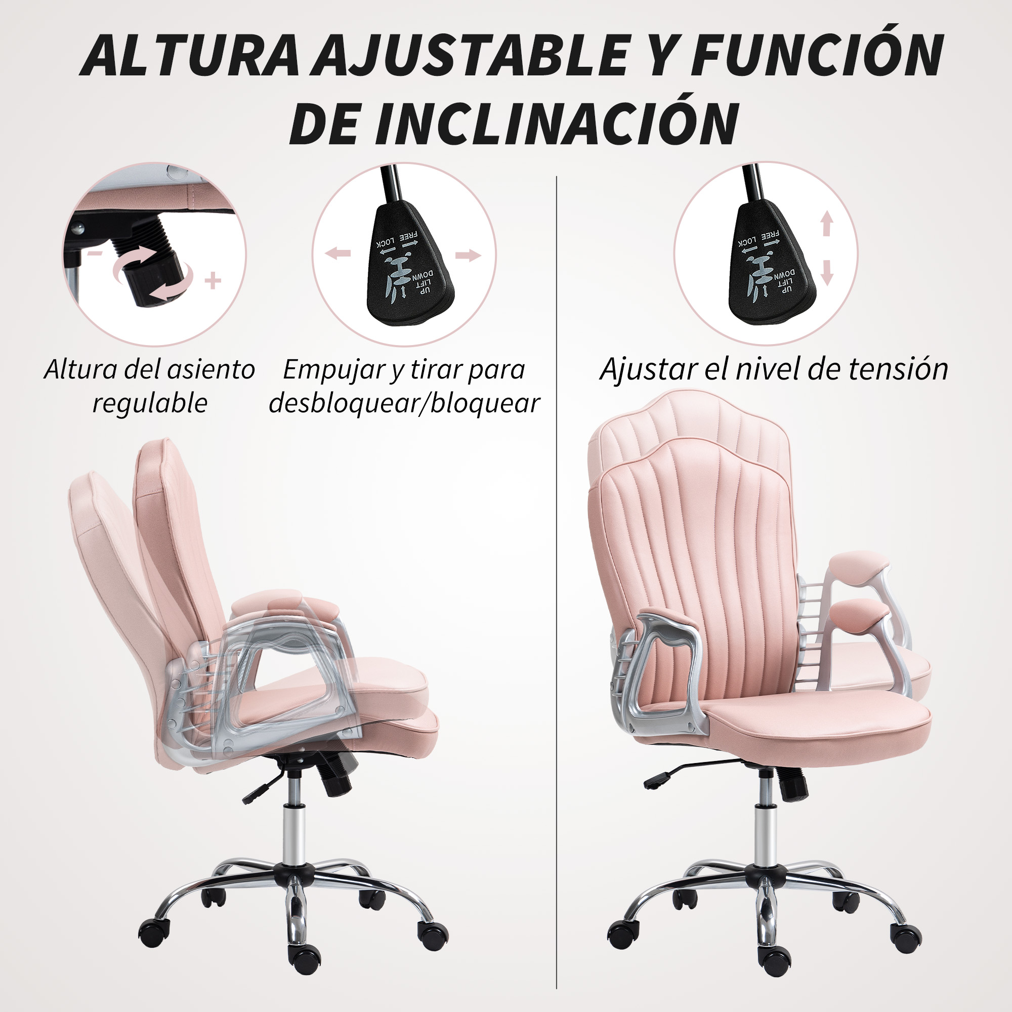 Una silla de oficina rosa con altura y inclinación ajustables.