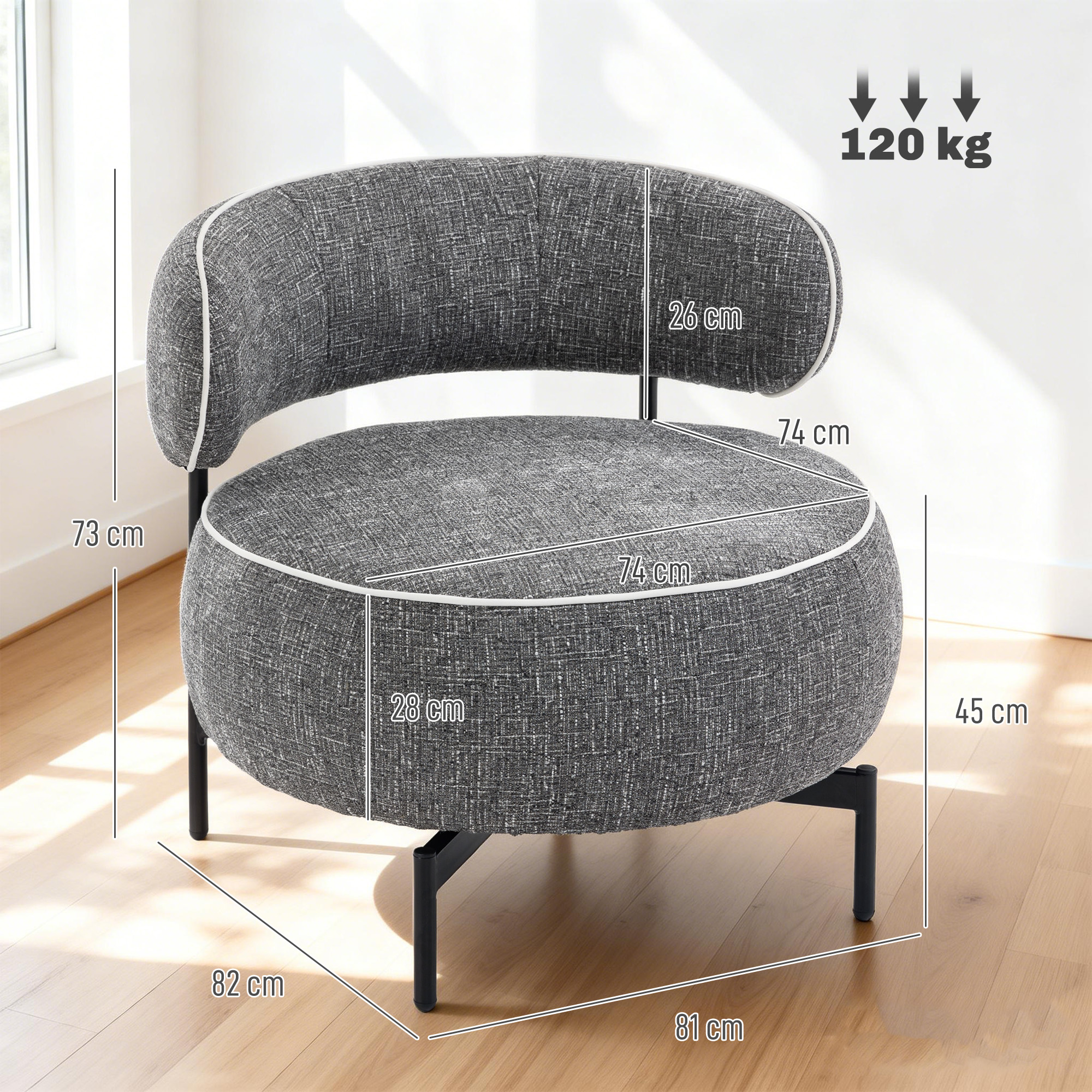 Sillón gris con ribete blanco, dimensiones indicadas. Carga máxima 120 kg.