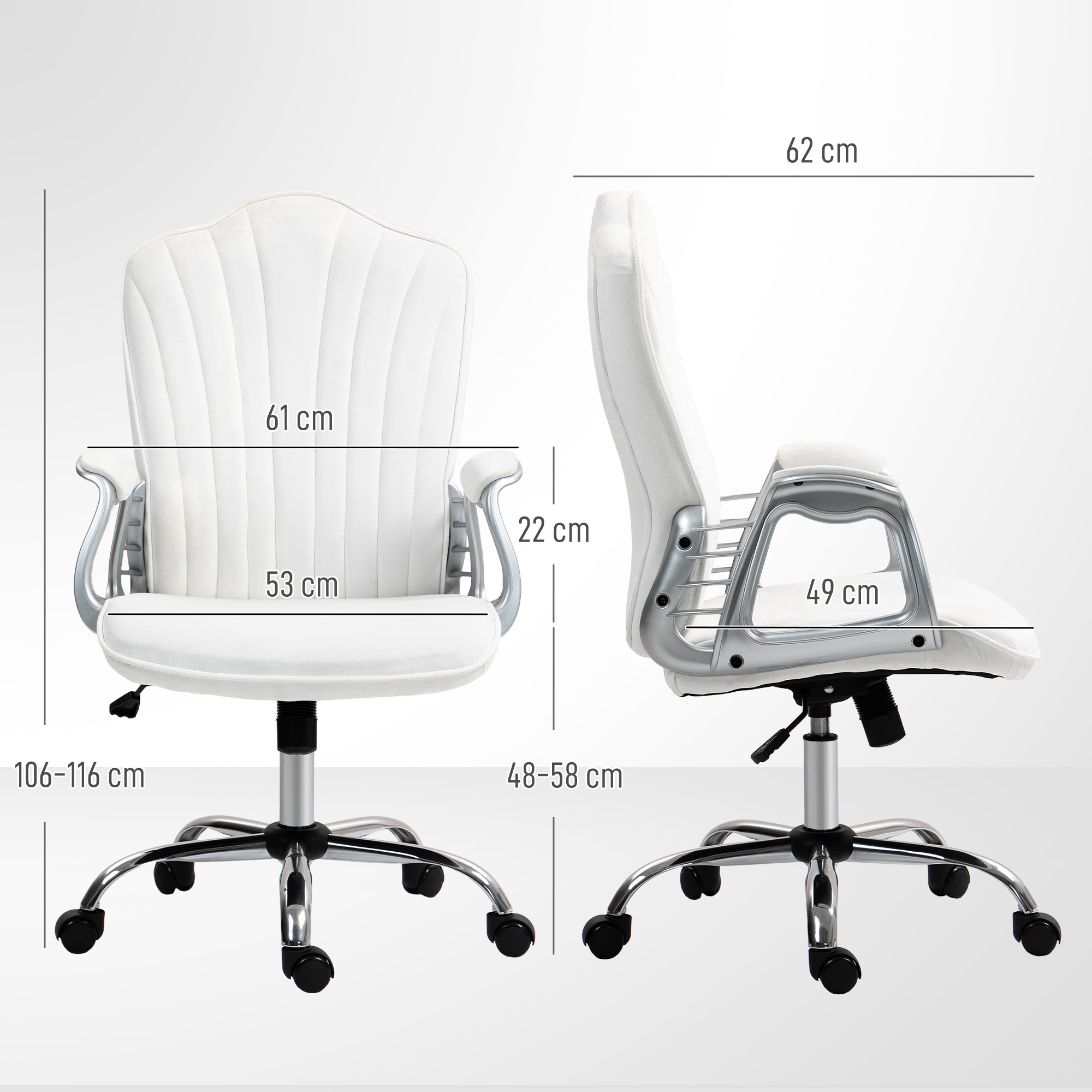 Silla de oficina blanca con detalles cromados y ruedas, se muestran las dimensiones.