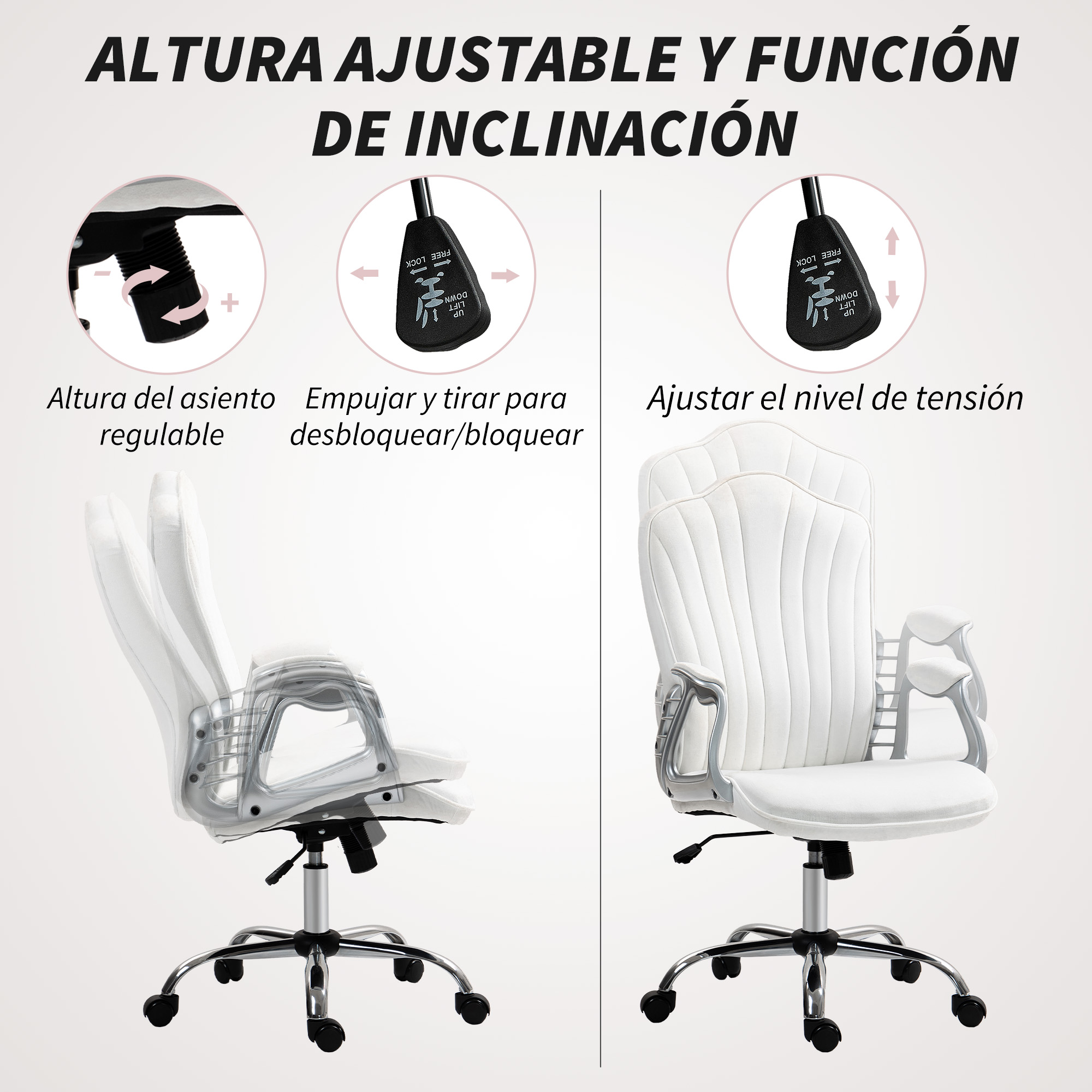 Sillas de oficina blancas mostrando ajuste de altura y función de inclinación.