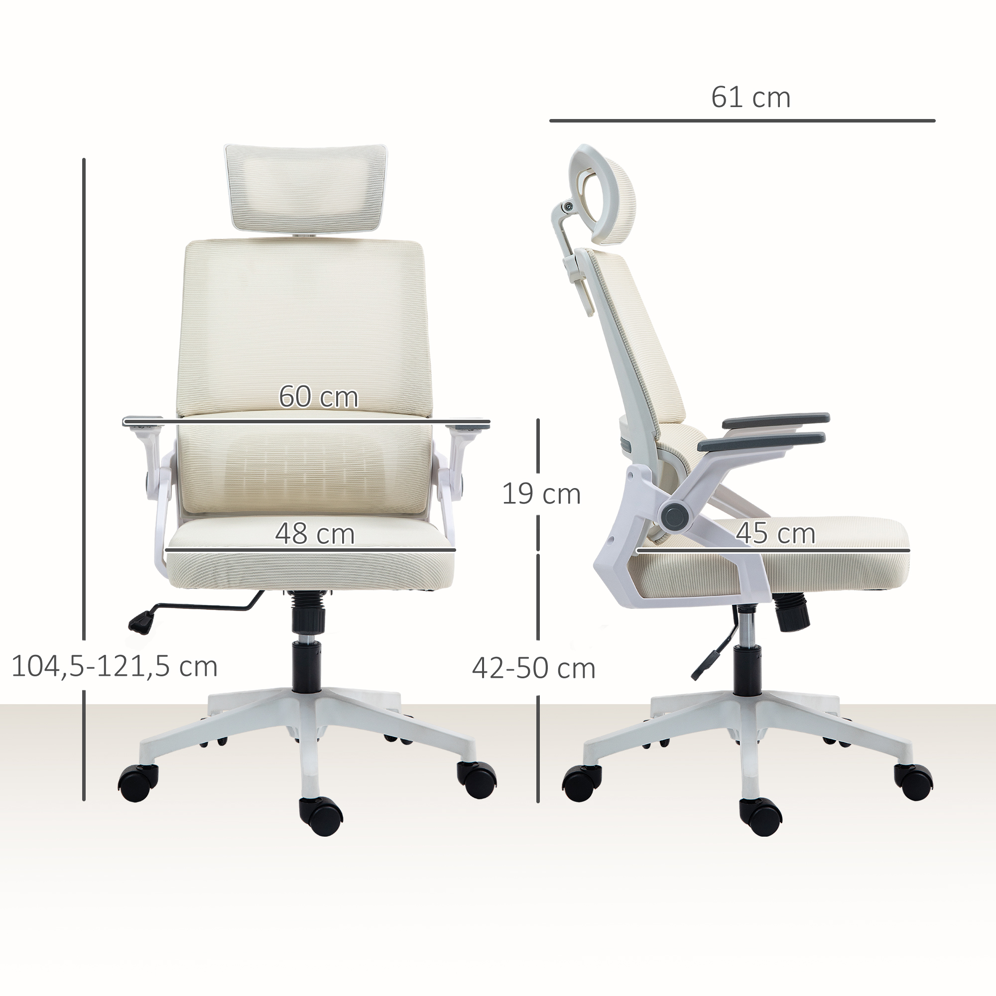 Una silla de oficina blanca con reposacabezas y reposabrazos ajustables, con medidas.