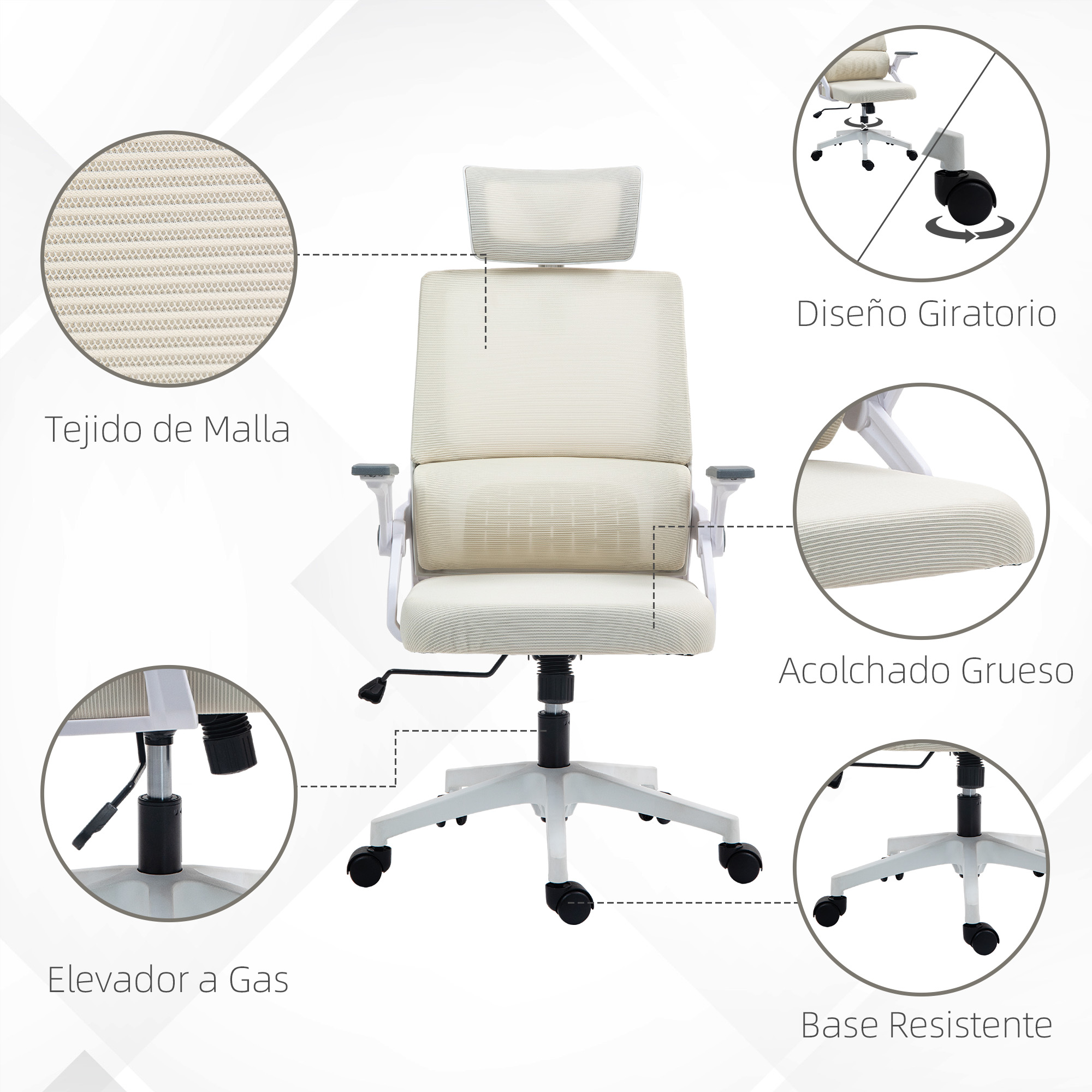 Una silla de oficina blanca con tejido de malla, reposacabezas y reposabrazos. Incluye elevador y base giratoria.