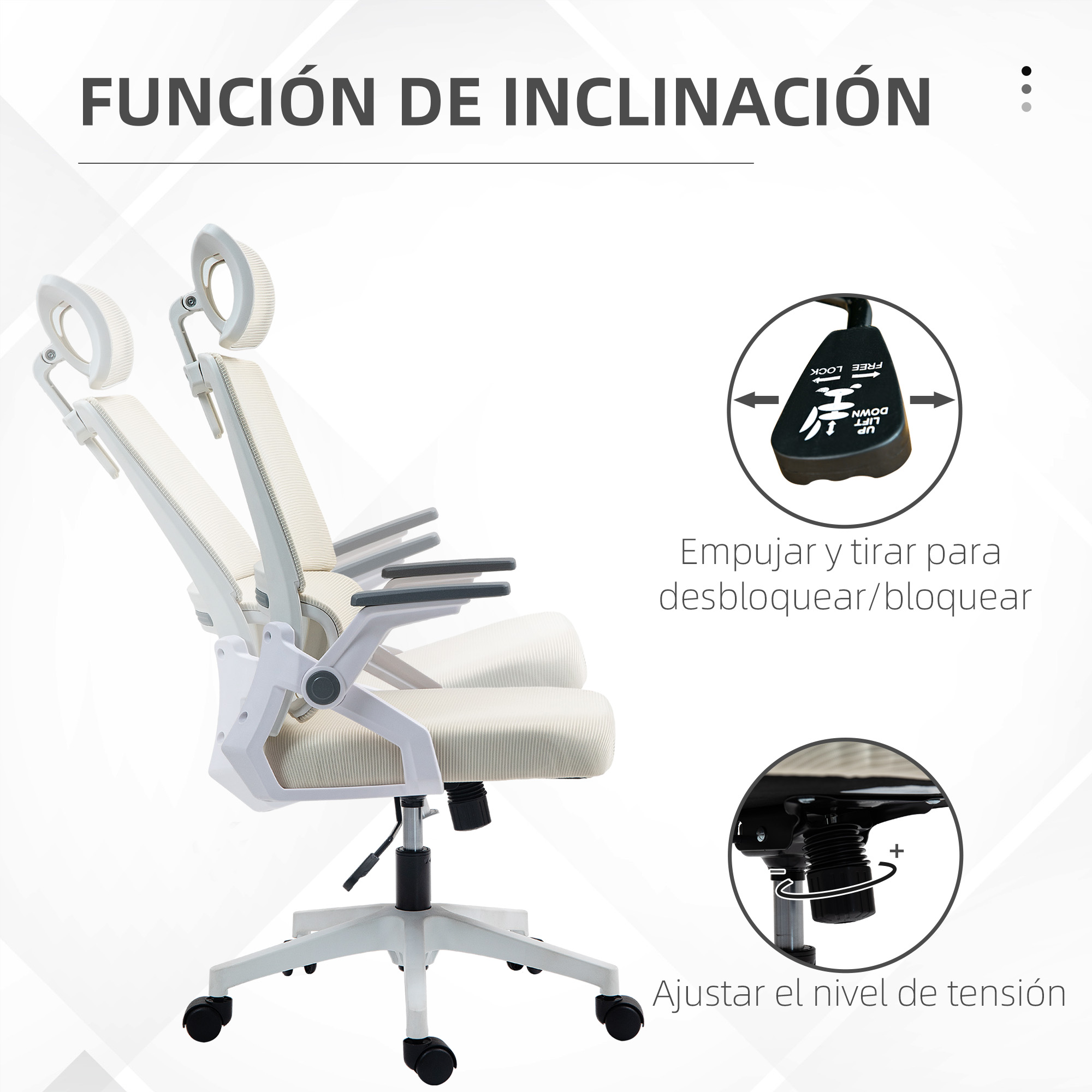 Una silla de oficina blanca con reposacabezas y reposabrazos ajustables.
