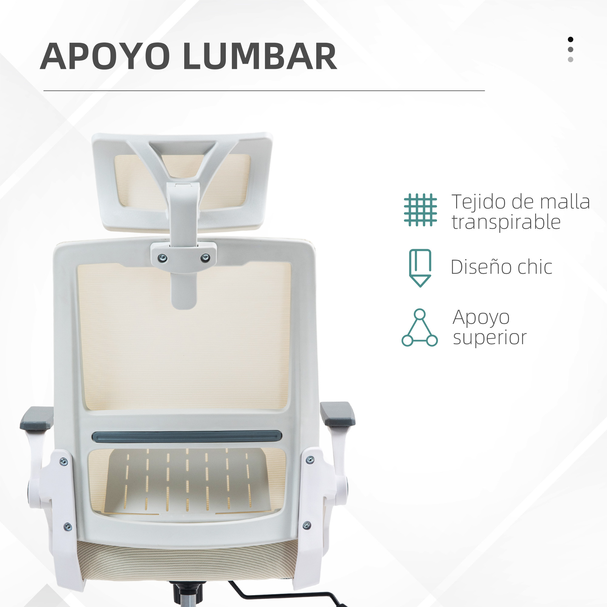 Vista trasera de silla de oficina blanca con respaldo de malla y reposacabezas.