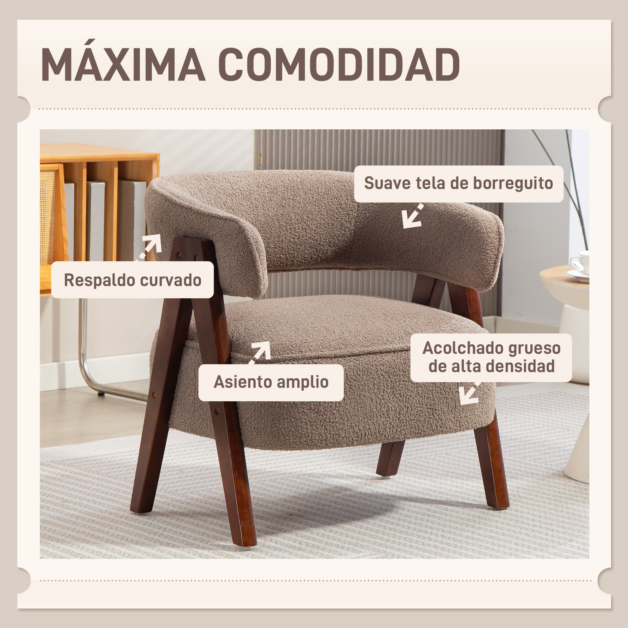 Un sillón beige de tela teddy con patas de madera, asiento
amplio y respaldo curvo.