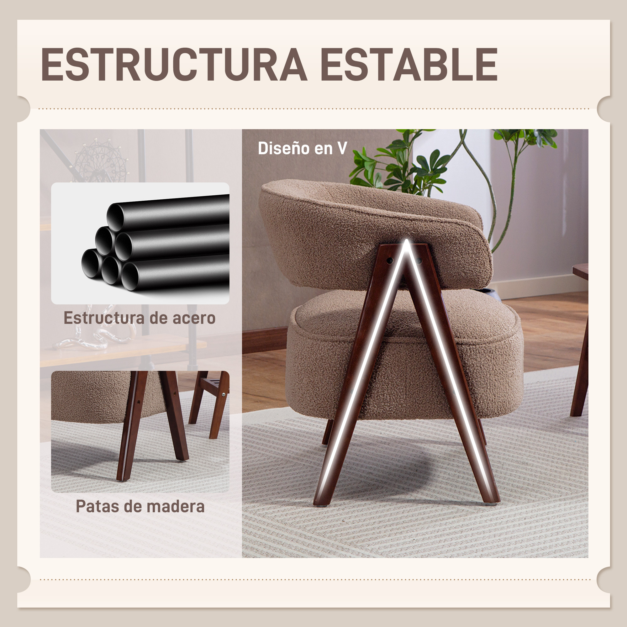 Una silla beige de peluche con patas de madera marrones en V y estructura de tubo de acero.