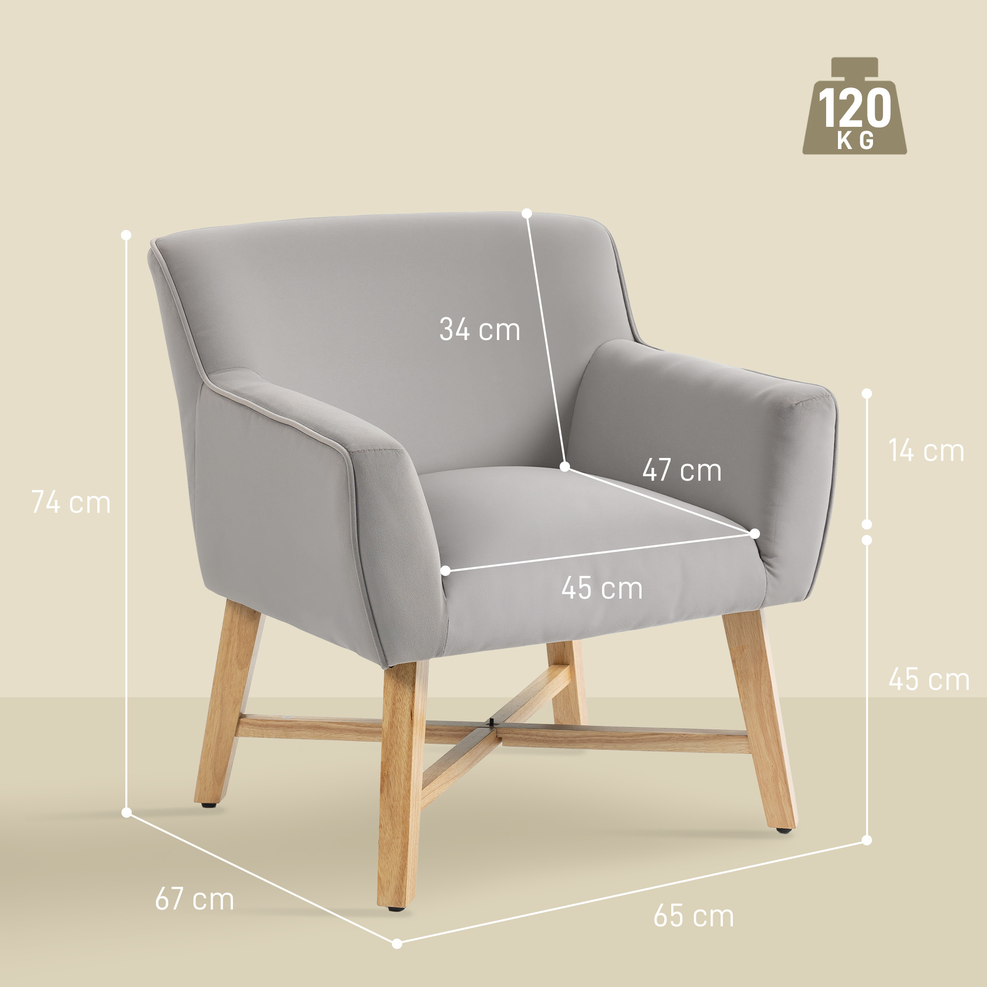 Sillón gris con patas de madera. Dimensiones: 74x67x65 cm. Carga máxima: 120 kg.